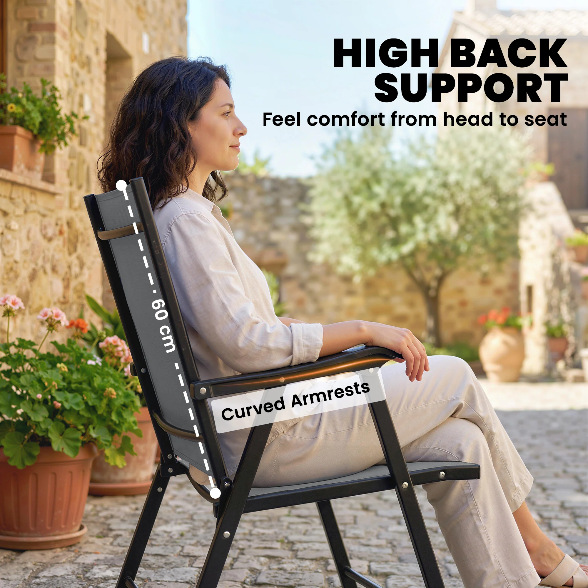Set of 2 Folding Garden Chairs with High Back and Armrests, Light Grey - Image 6