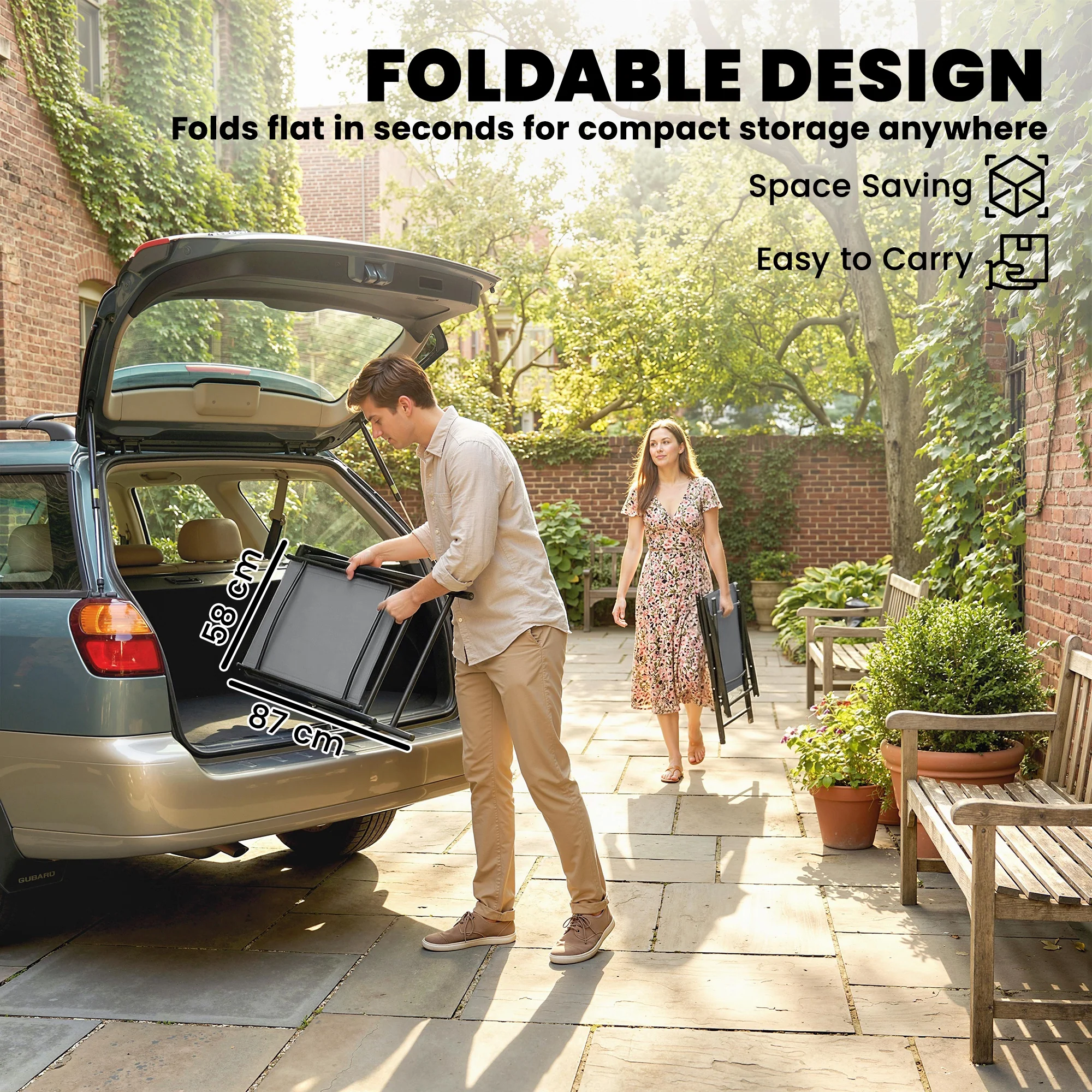 Set of 2 Folding Garden Chairs with High Back and Armrests, Light Grey - Image 7