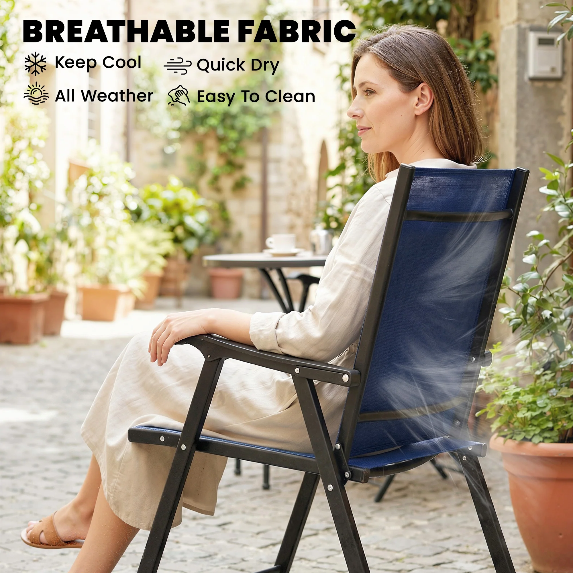 Set of 2 Folding Garden Chairs with High Back and Armrests, Navy Blue - Image 8