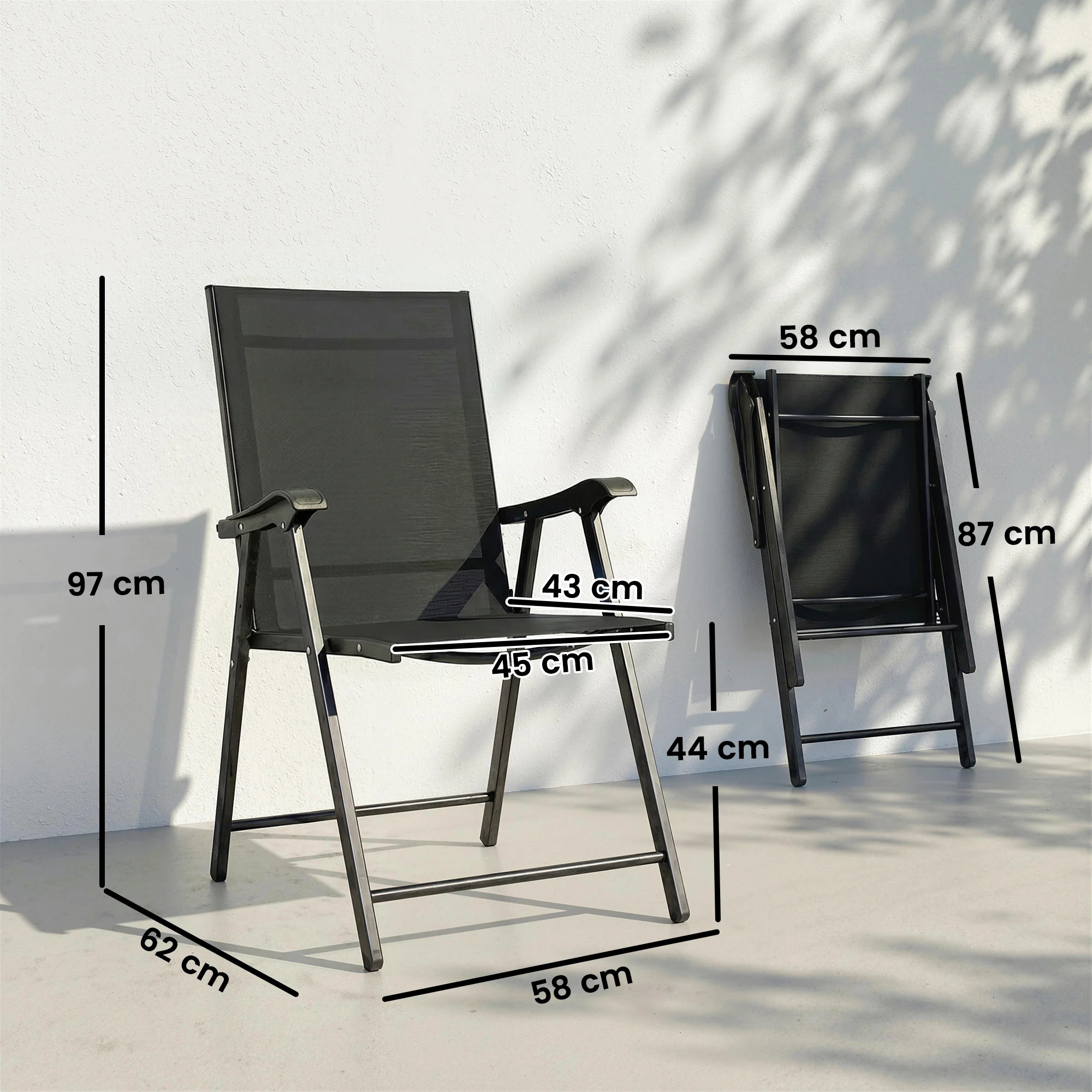 Set of 2 Folding Garden Chairs with High Back and Armrests, Black - Image 5