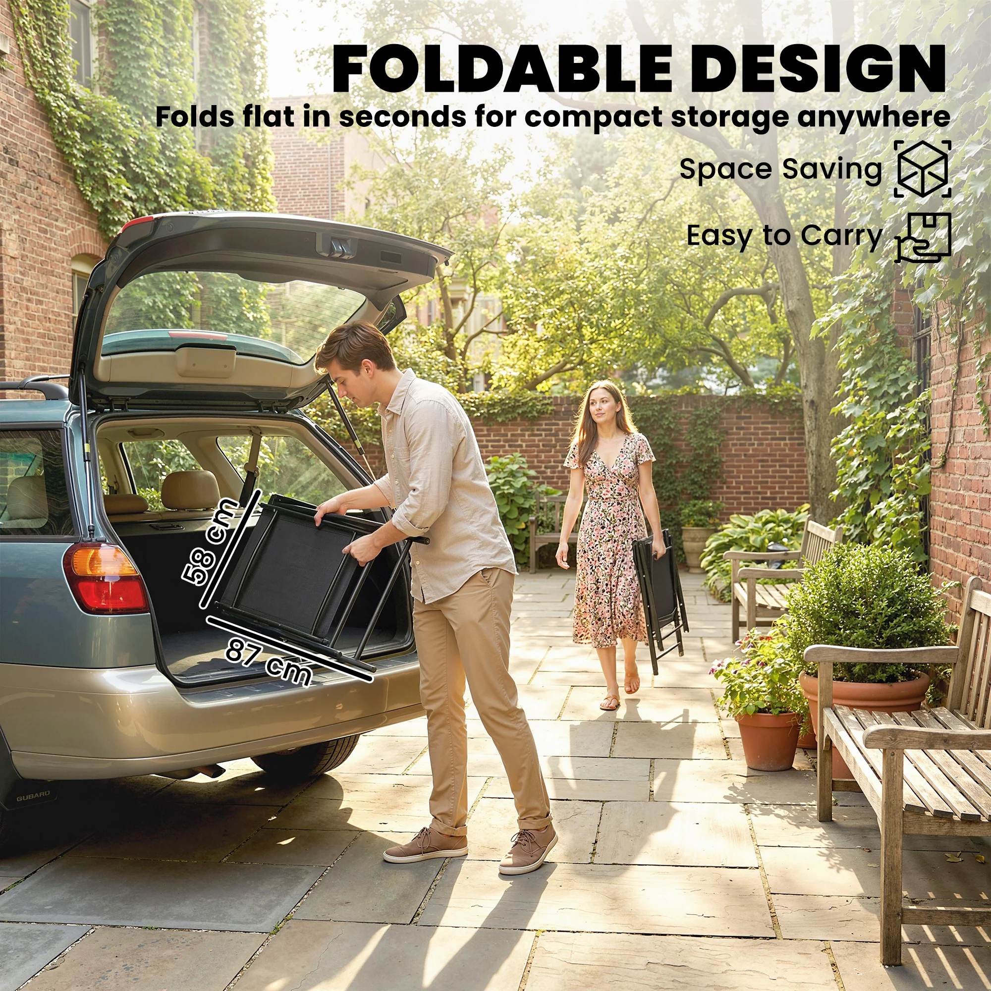 Set of 2 Folding Garden Chairs with High Back and Armrests, Black - Image 7