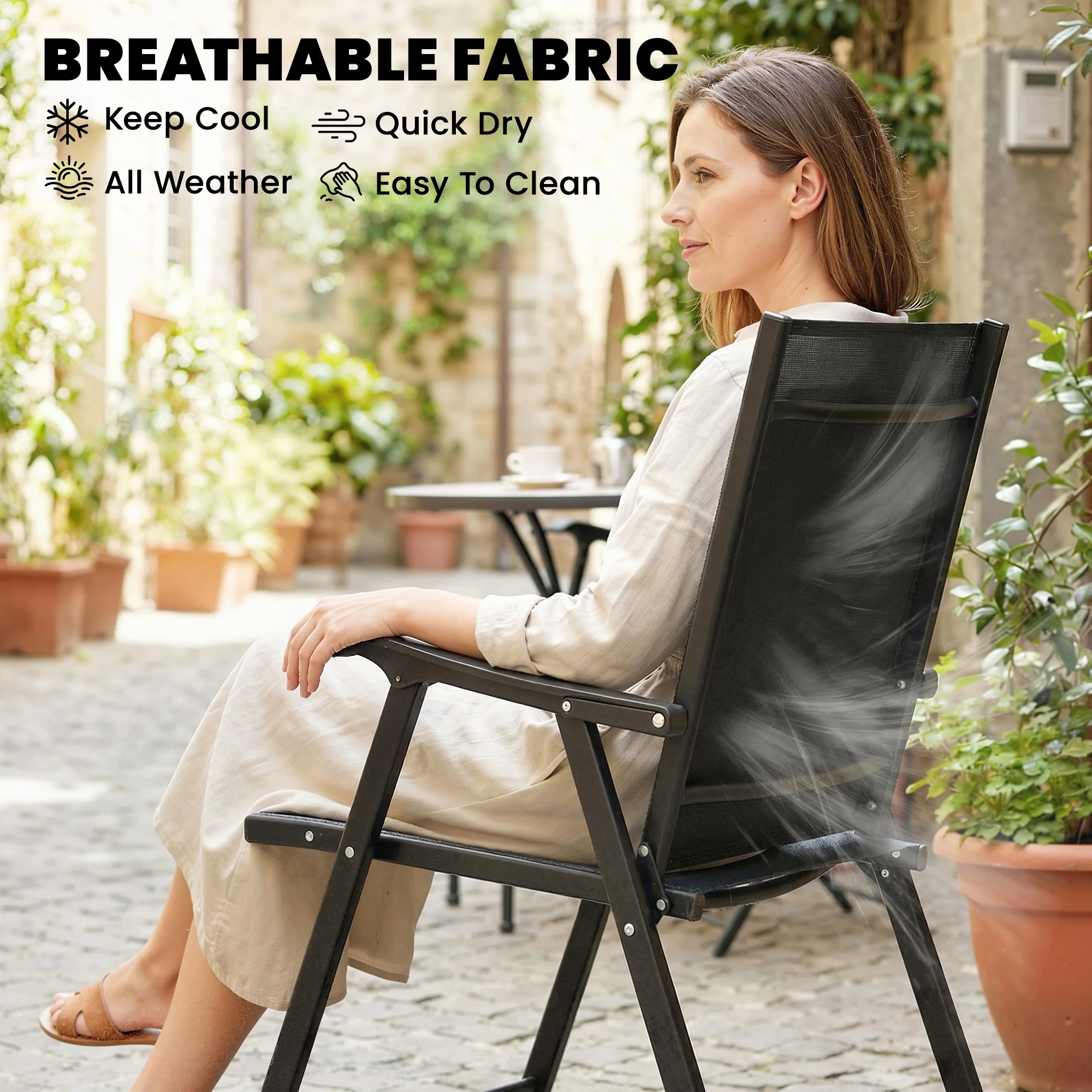 Set of 2 Folding Garden Chairs with High Back and Armrests, Black - Image 8