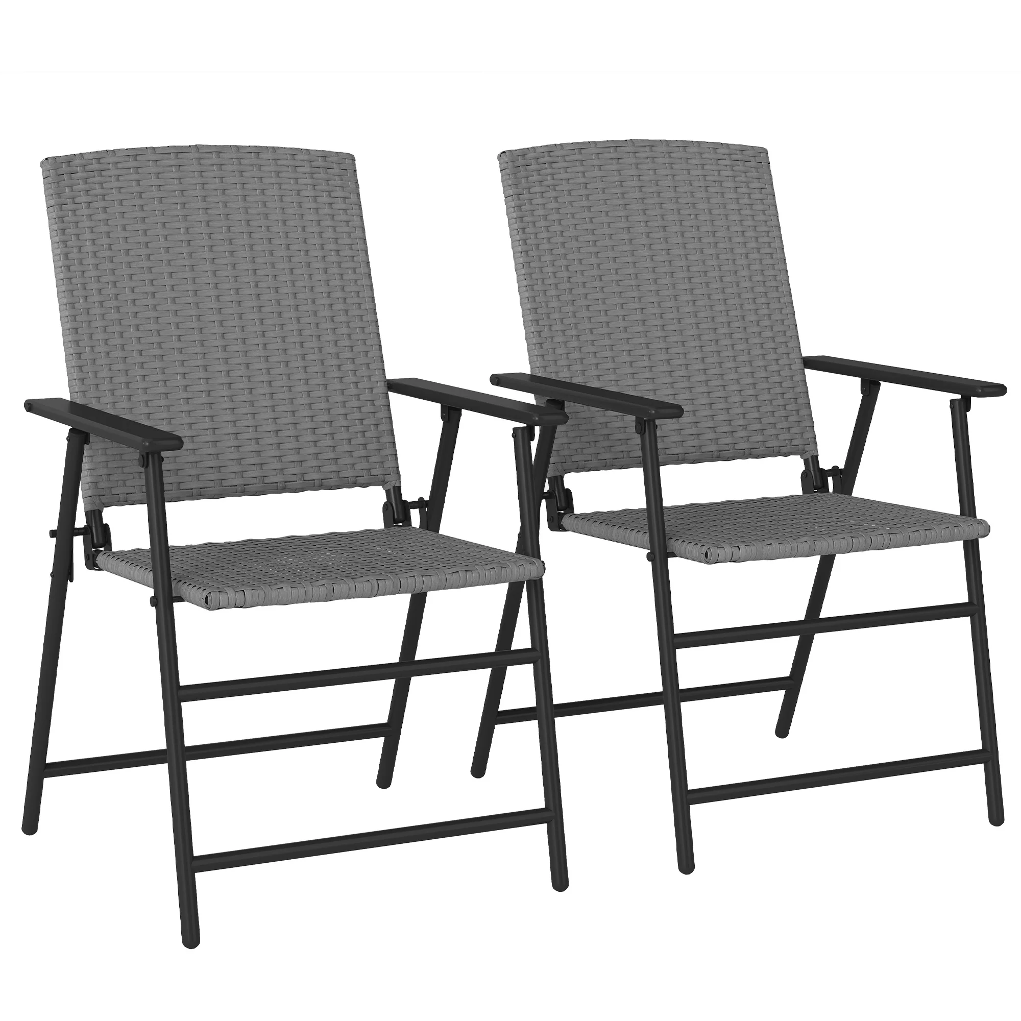 Set of 2 Folding Rattan Dining Chairs with Armrests, High Back and Steel Frame, Grey