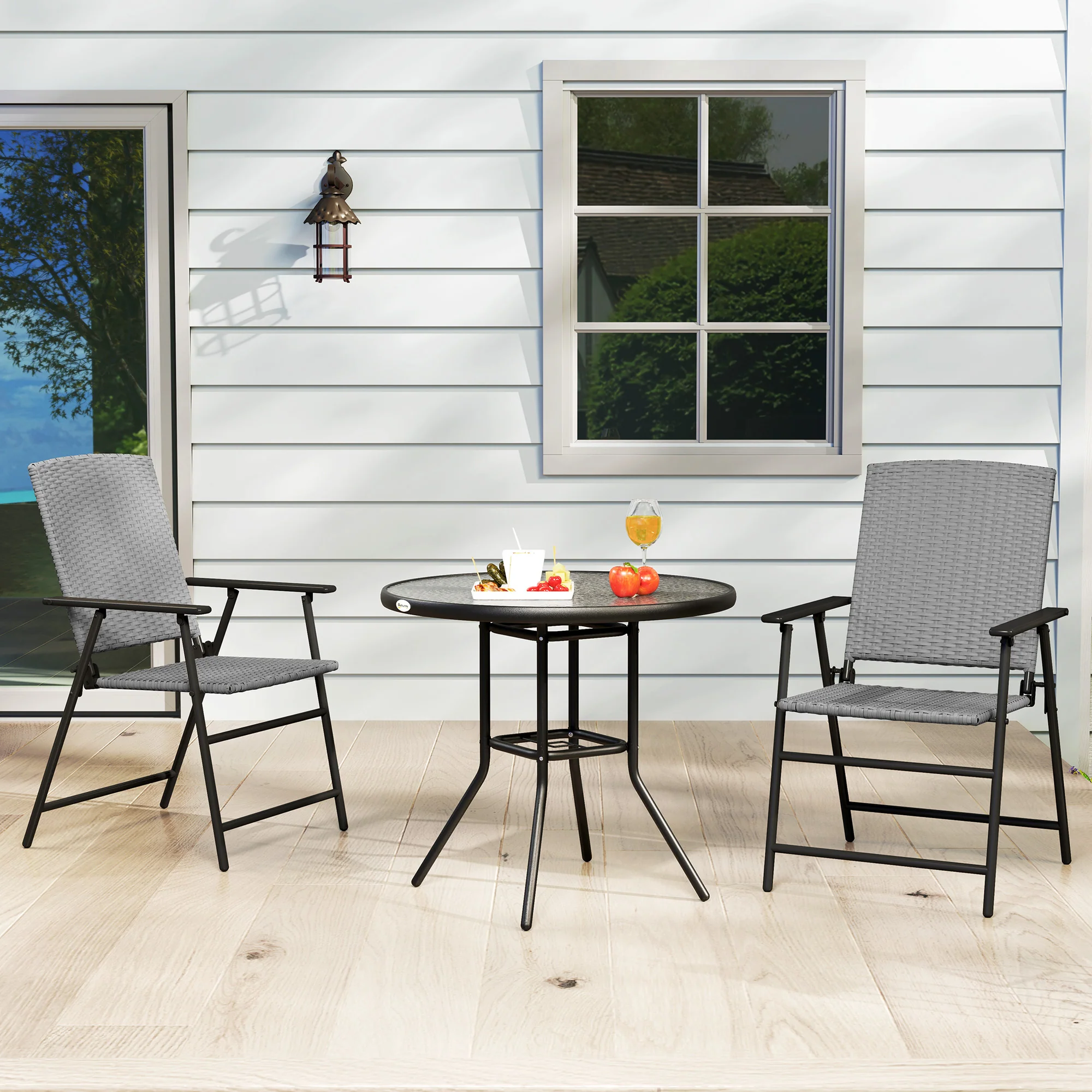 Set of 2 Folding Rattan Dining Chairs with Armrests, High Back and Steel Frame, Grey - Image 10