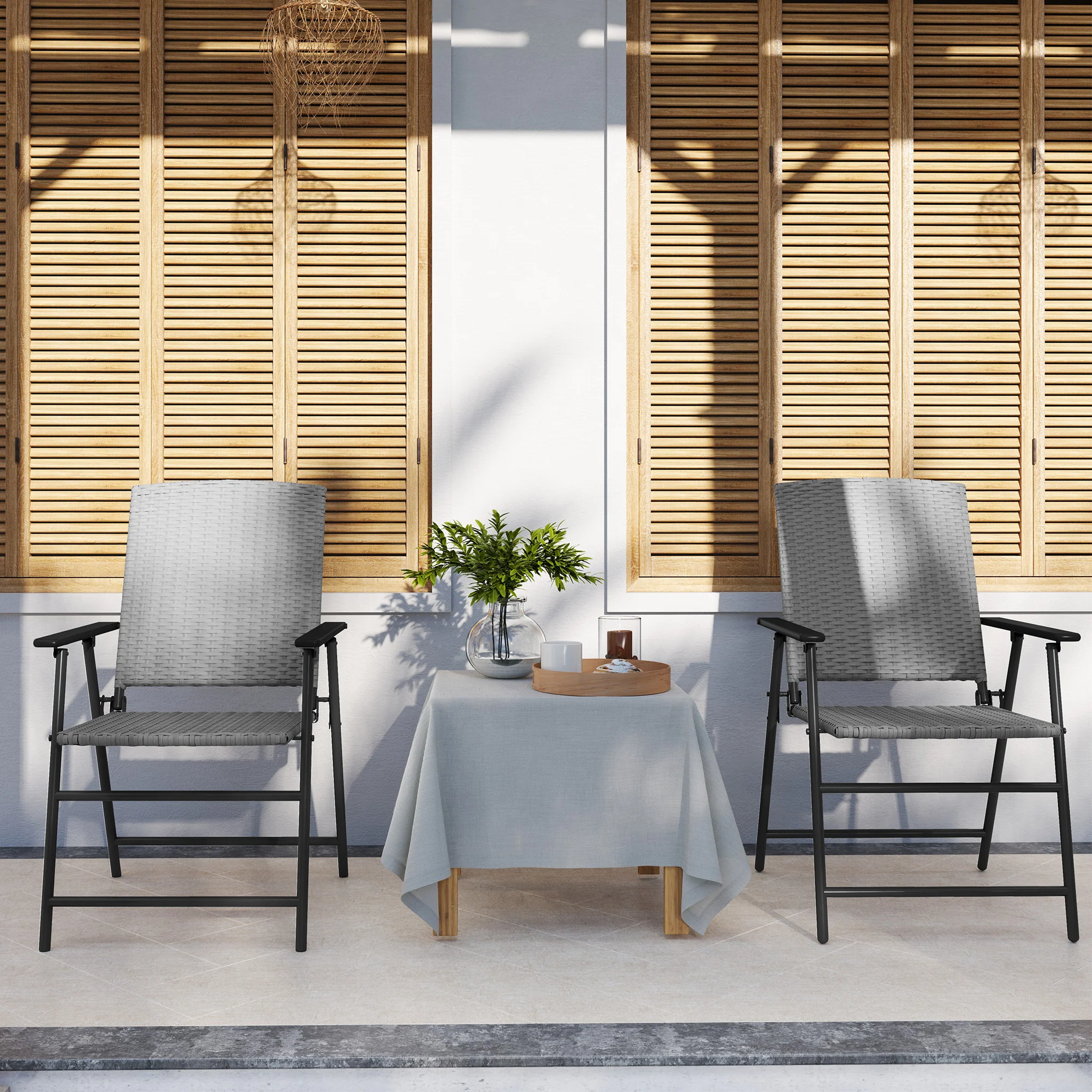Set of 2 Folding Rattan Dining Chairs with Armrests, High Back and Steel Frame, Grey - Image 11