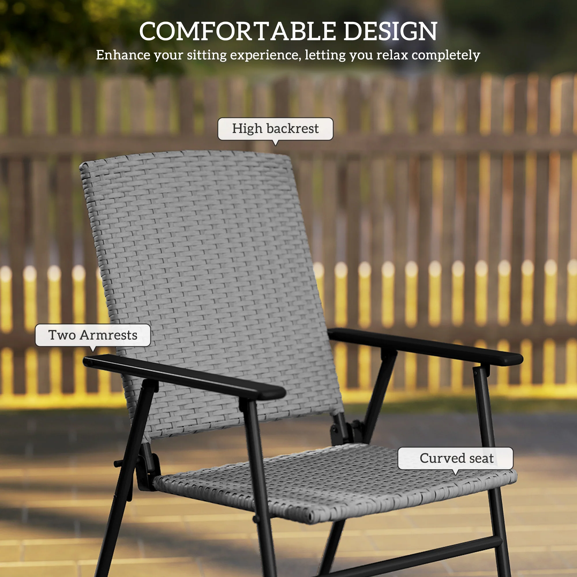 Set of 2 Folding Rattan Dining Chairs with Armrests, High Back and Steel Frame, Grey - Image 7
