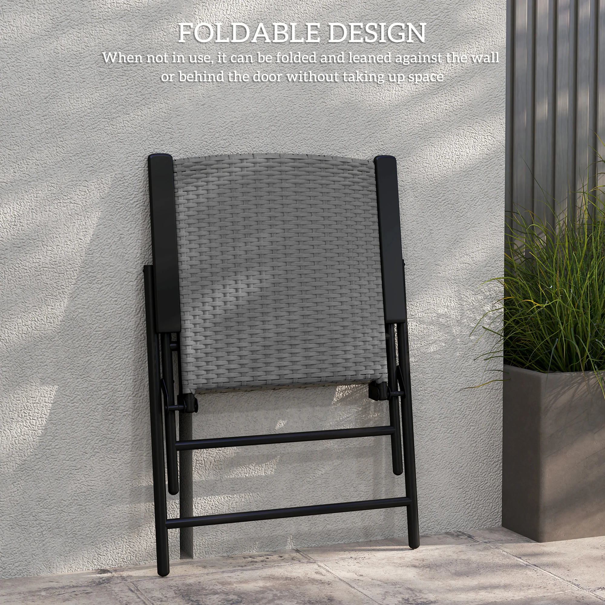 Set of 2 Folding Rattan Dining Chairs with Armrests, High Back and Steel Frame, Grey - Image 8