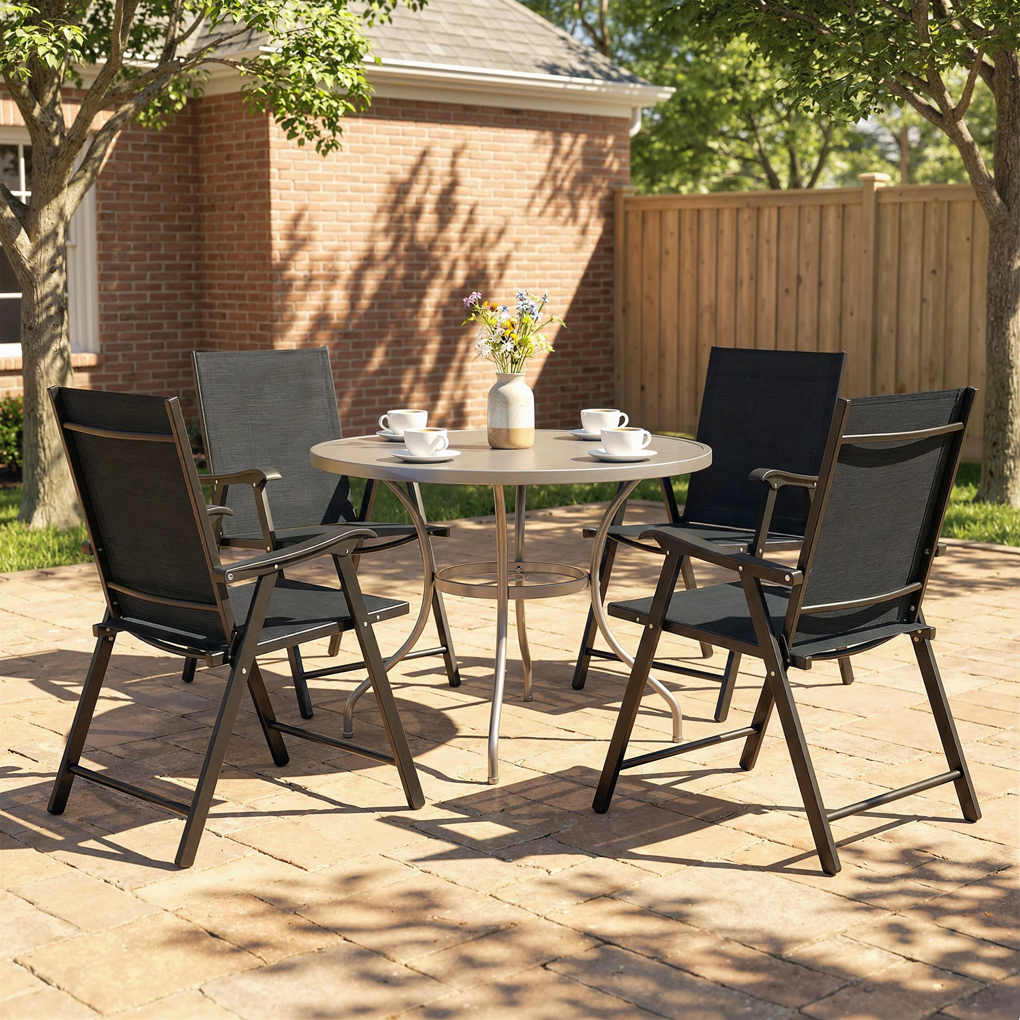 Set of 4 Folding Garden Chairs with High Back and Armrests, Black - Image 3