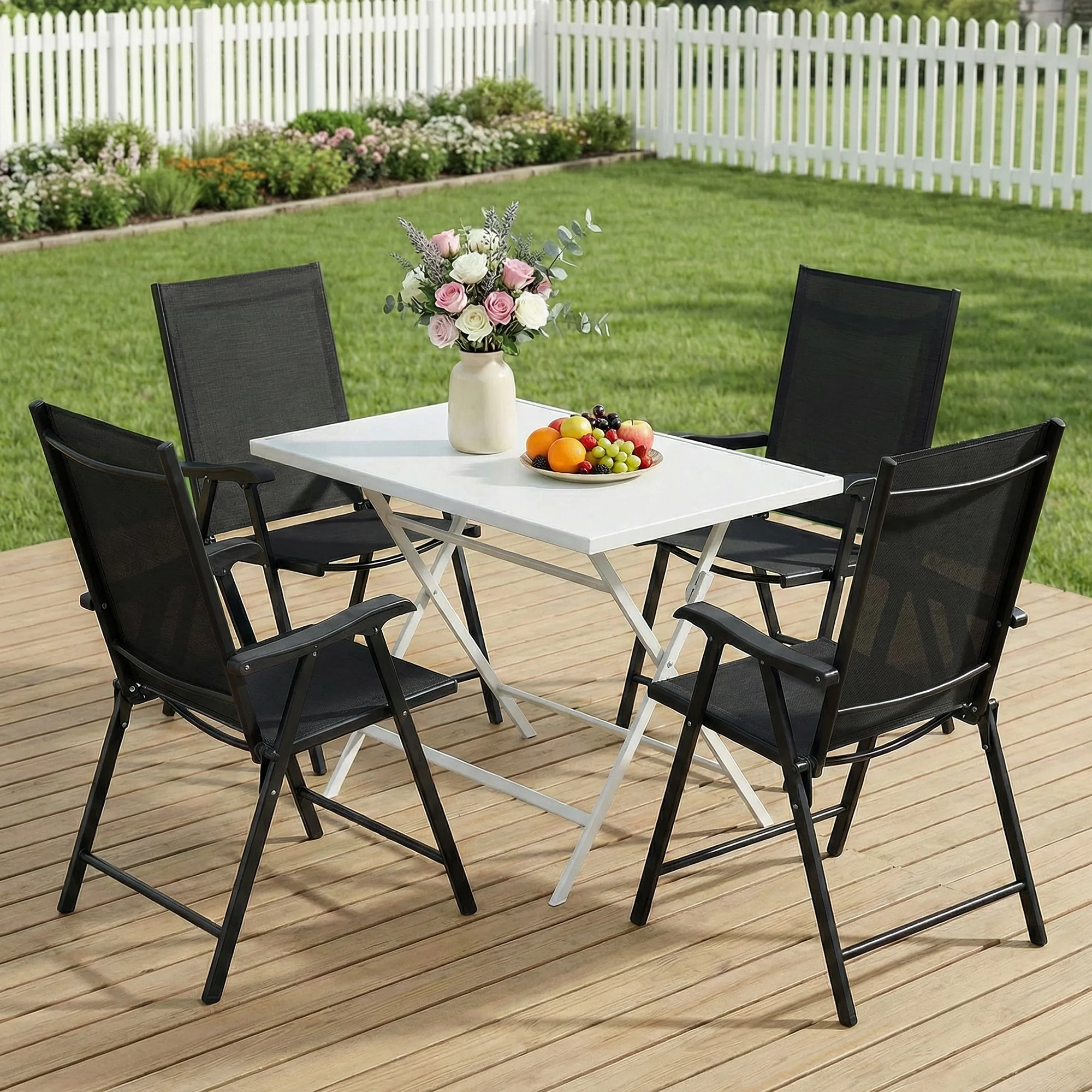 Set of 4 Folding Garden Chairs with High Back and Armrests, Black - Image 4