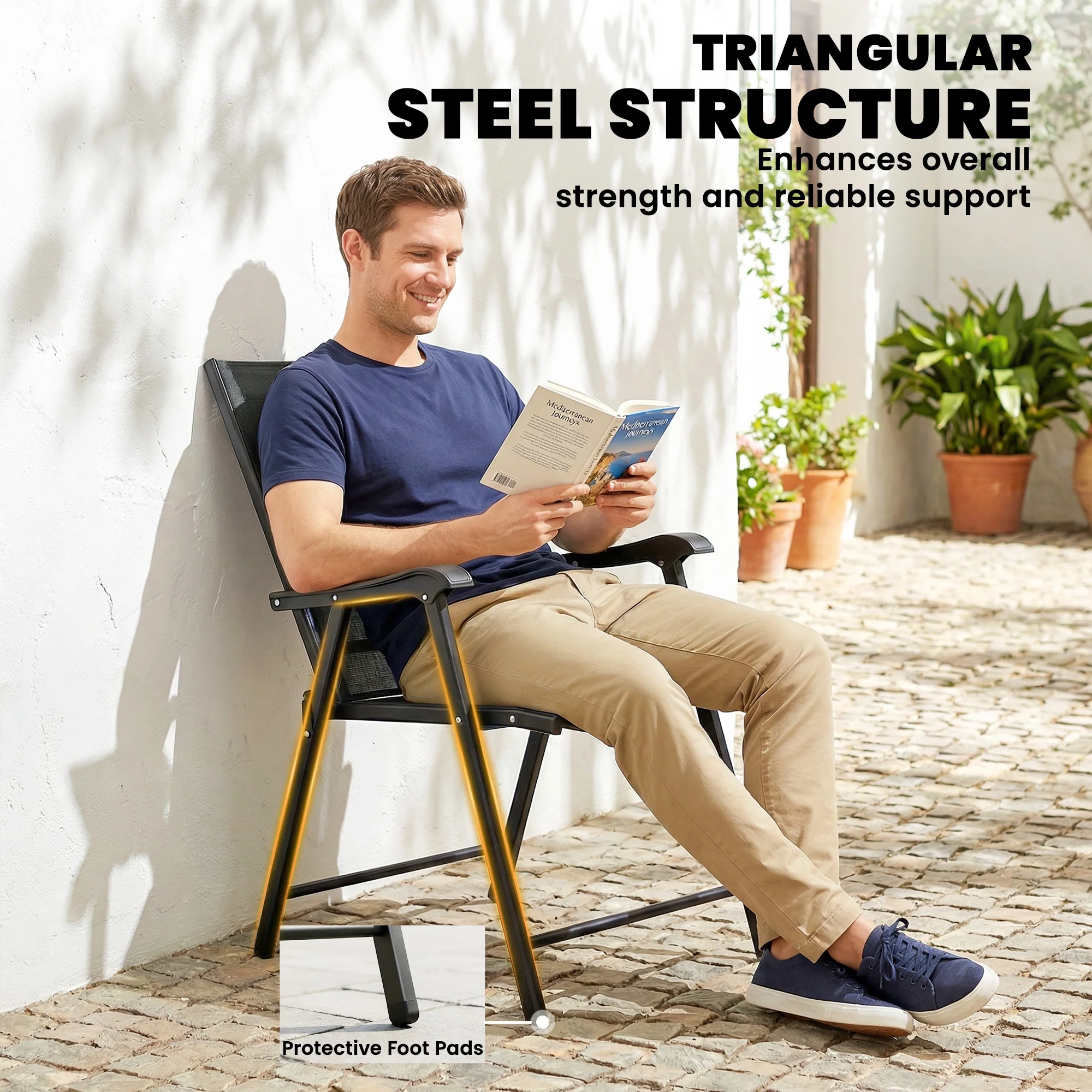 Set of 4 Folding Garden Chairs with High Back and Armrests, Black - Image 9