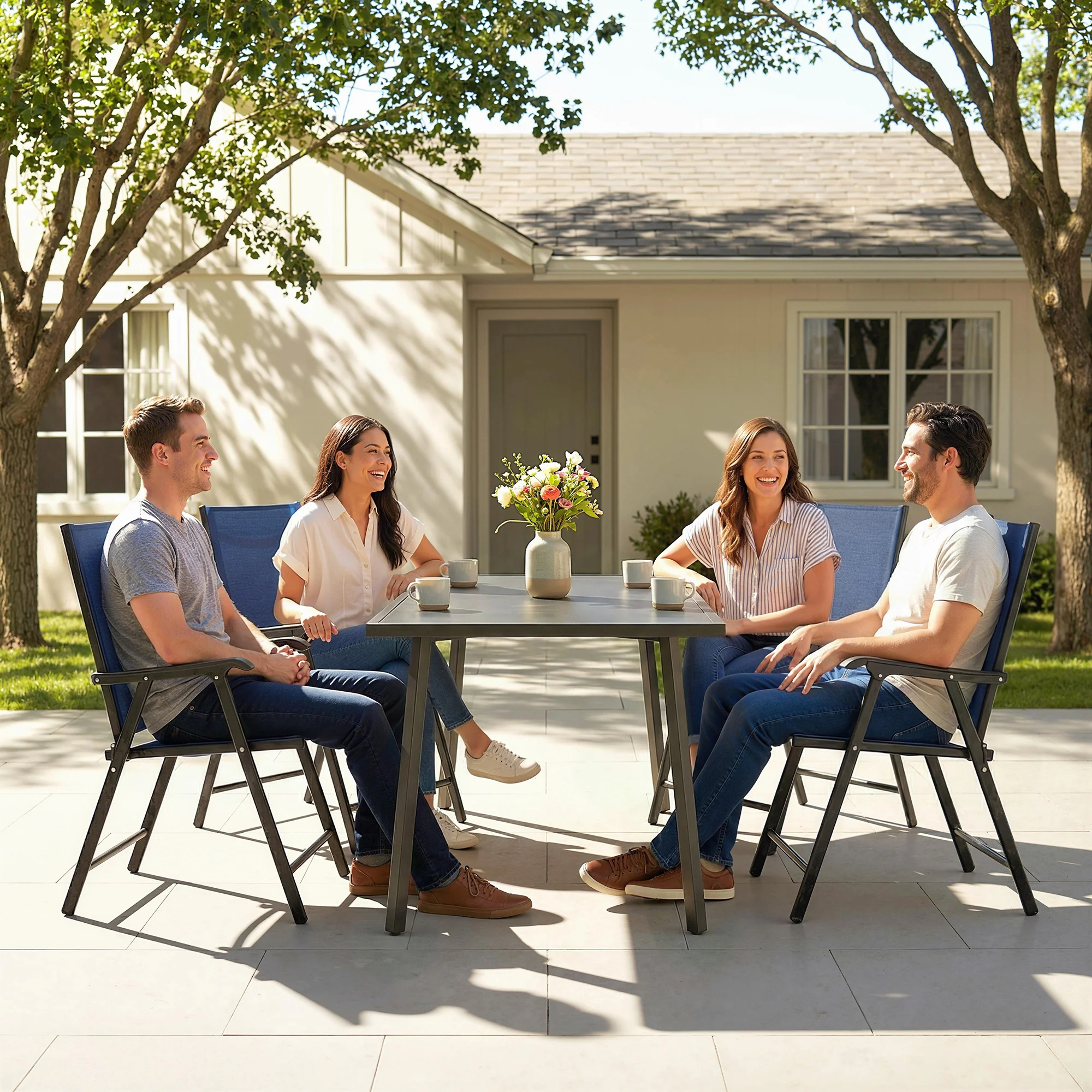 Set of 4 Folding Garden Chairs with High Back and Armrests, Navy Blue - Image 11