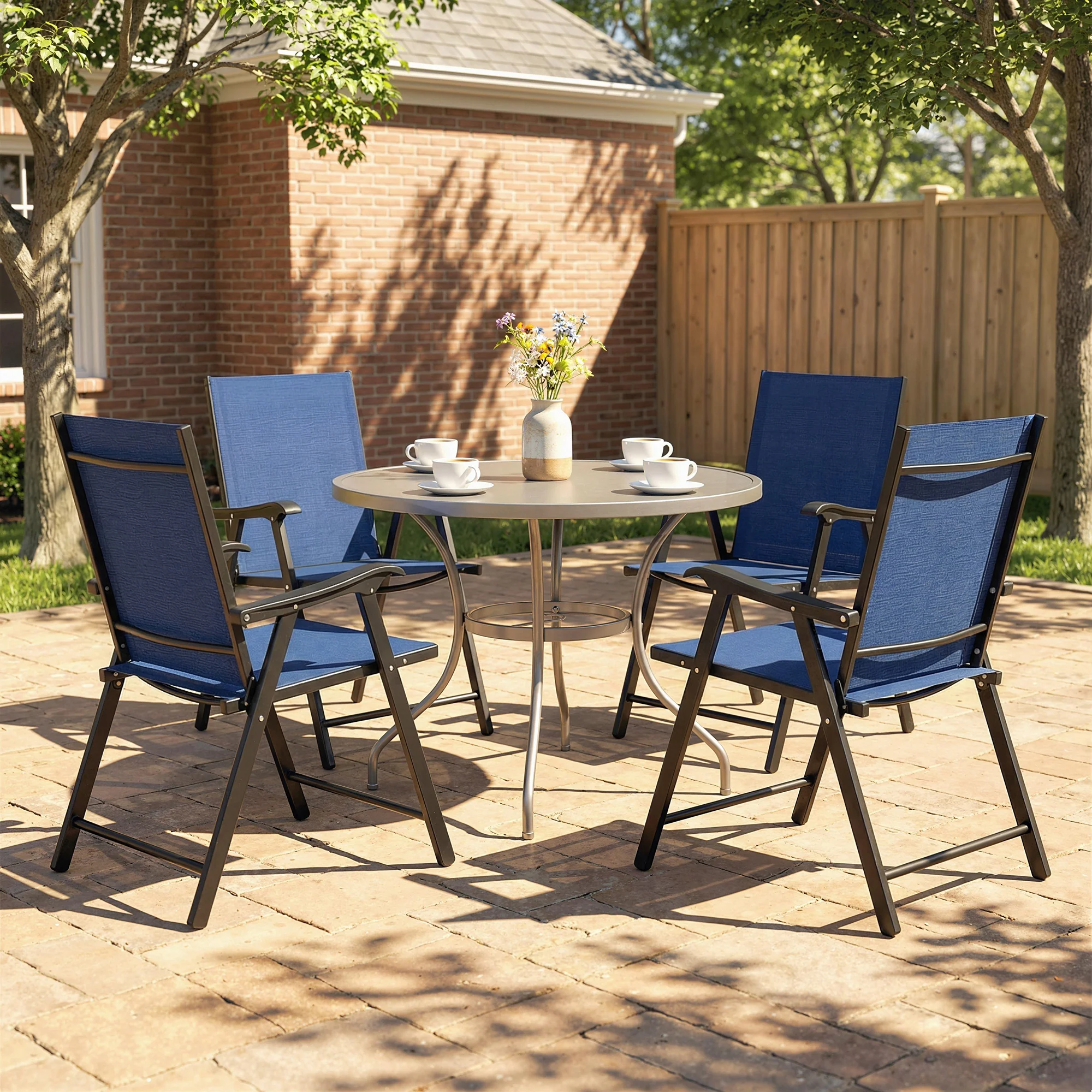 Set of 4 Folding Garden Chairs with High Back and Armrests, Navy Blue - Image 3
