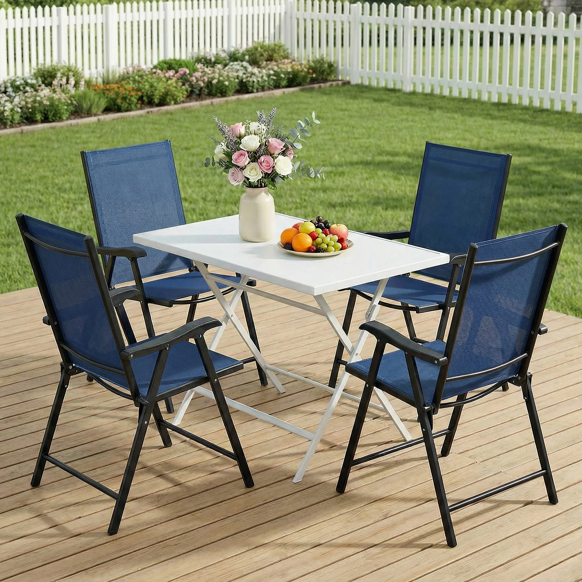 Set of 4 Folding Garden Chairs with High Back and Armrests, Navy Blue - Image 4
