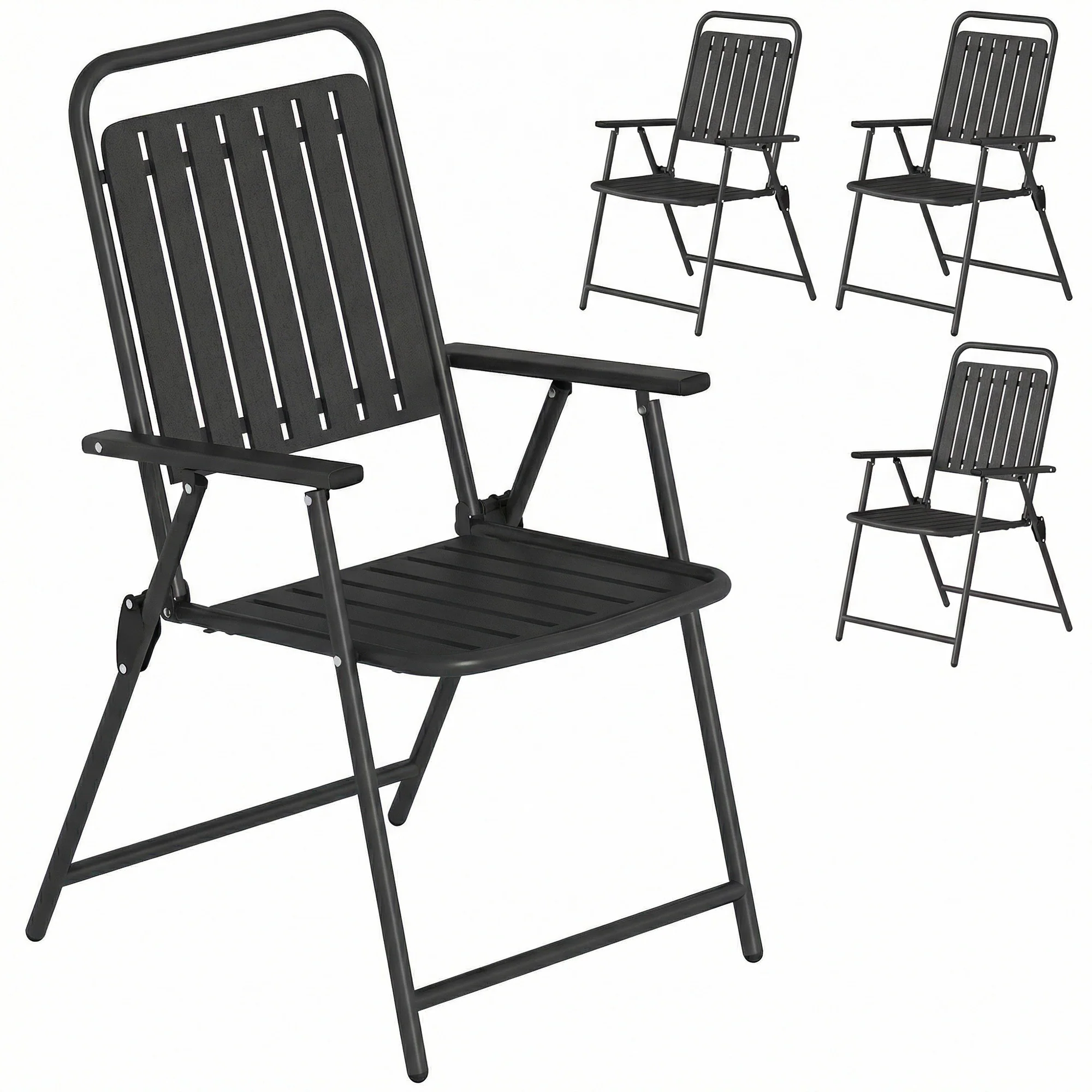 Set of 4 Folding Garden Chairs with Armrests and Slatted Seat, Black - Image 12