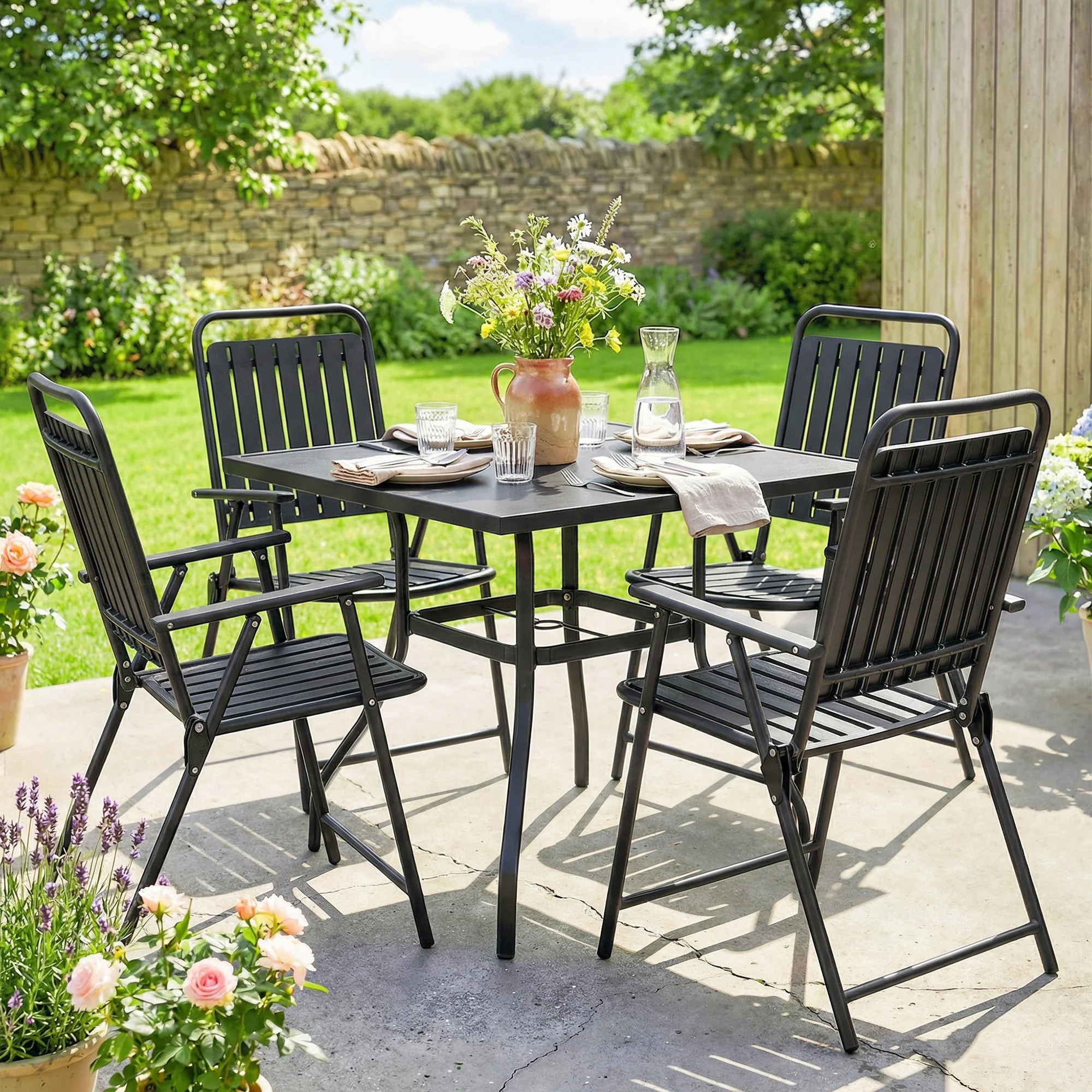 Set of 4 Folding Garden Chairs with Armrests and Slatted Seat, Black - Image 3