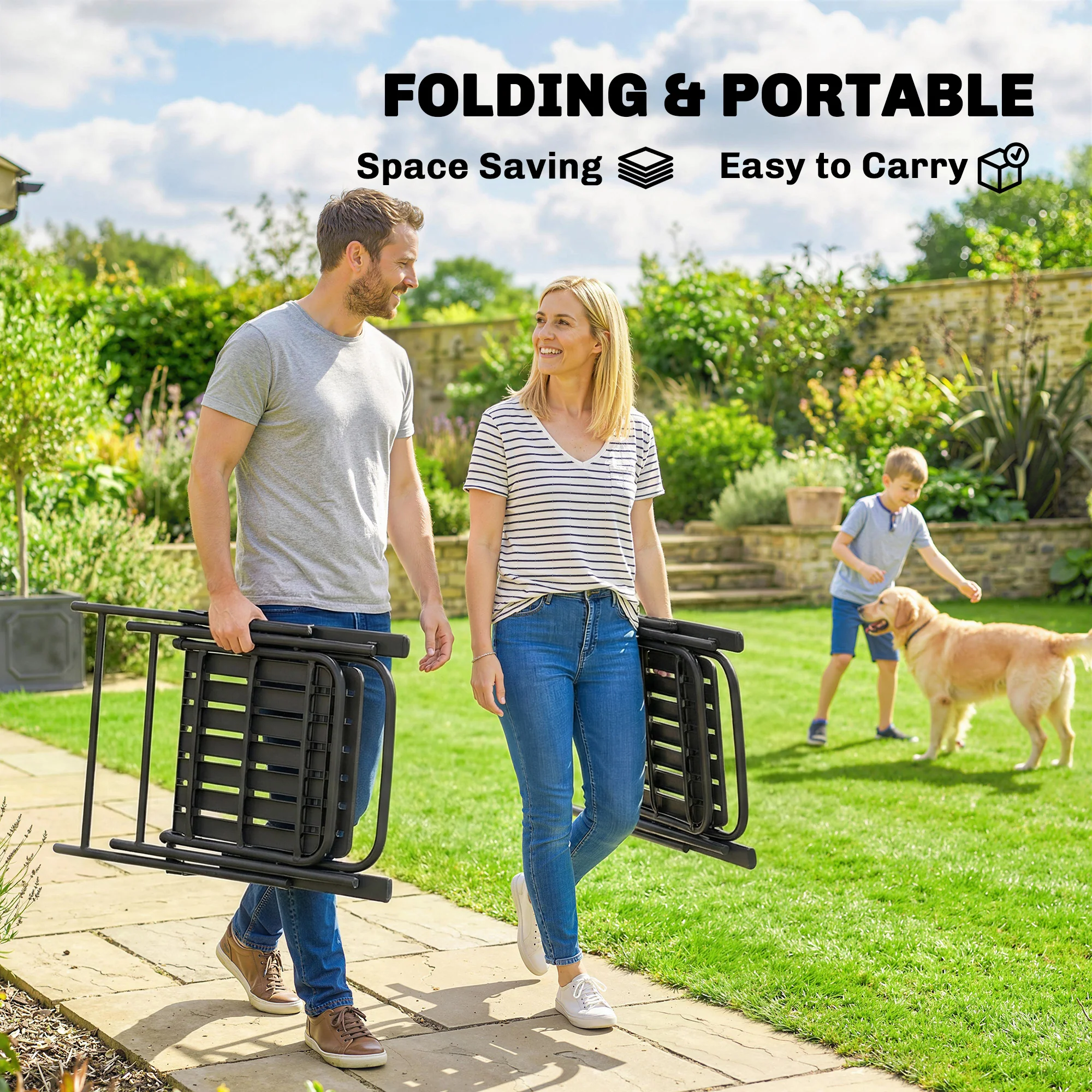 Set of 4 Folding Garden Chairs with Armrests and Slatted Seat, Black - Image 6