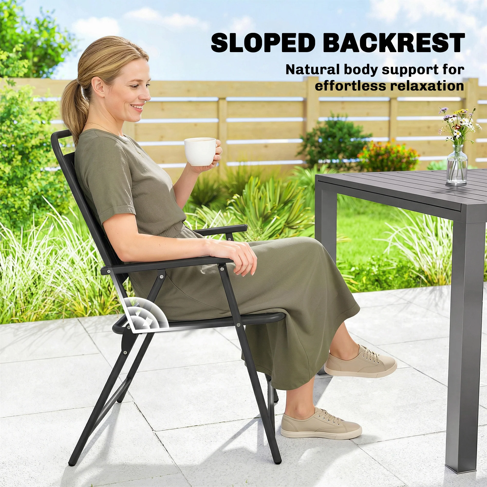 Set of 4 Folding Garden Chairs with Armrests and Slatted Seat, Black - Image 8