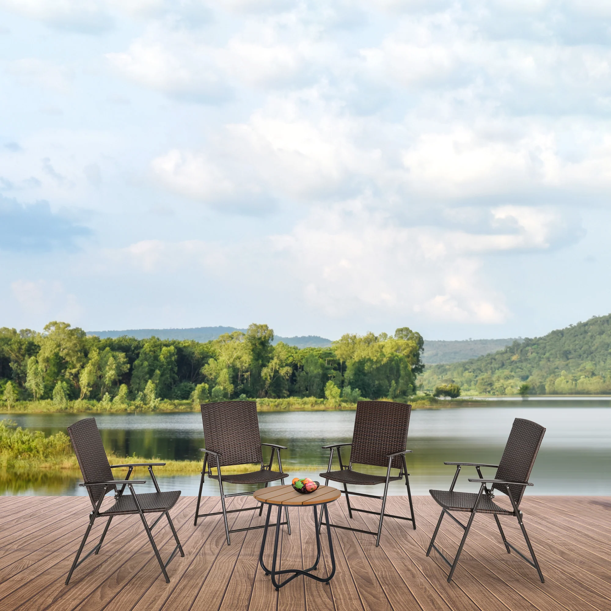 Set of 4 Folding Rattan Dining Chairs with Armrests, High Back and Steel Frame, Brown - Image 3
