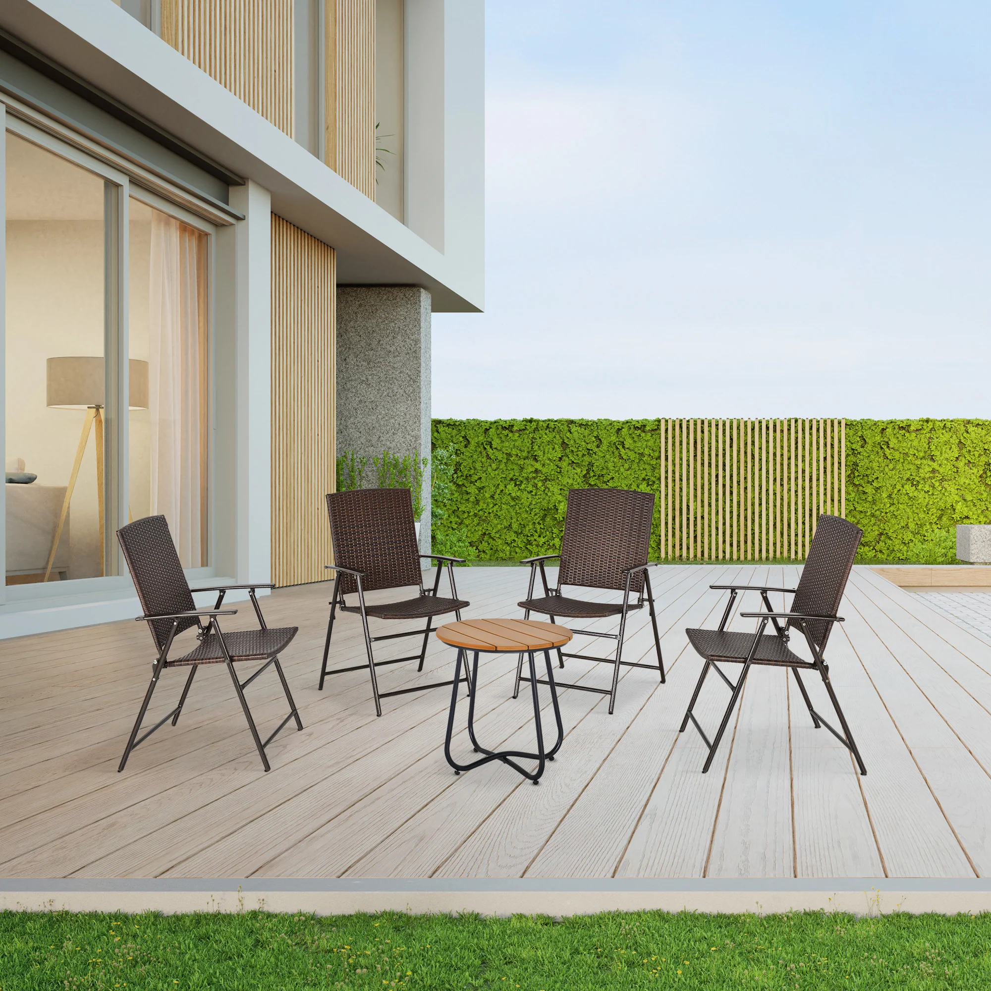 Set of 4 Folding Rattan Dining Chairs with Armrests, High Back and Steel Frame, Brown - Image 4
