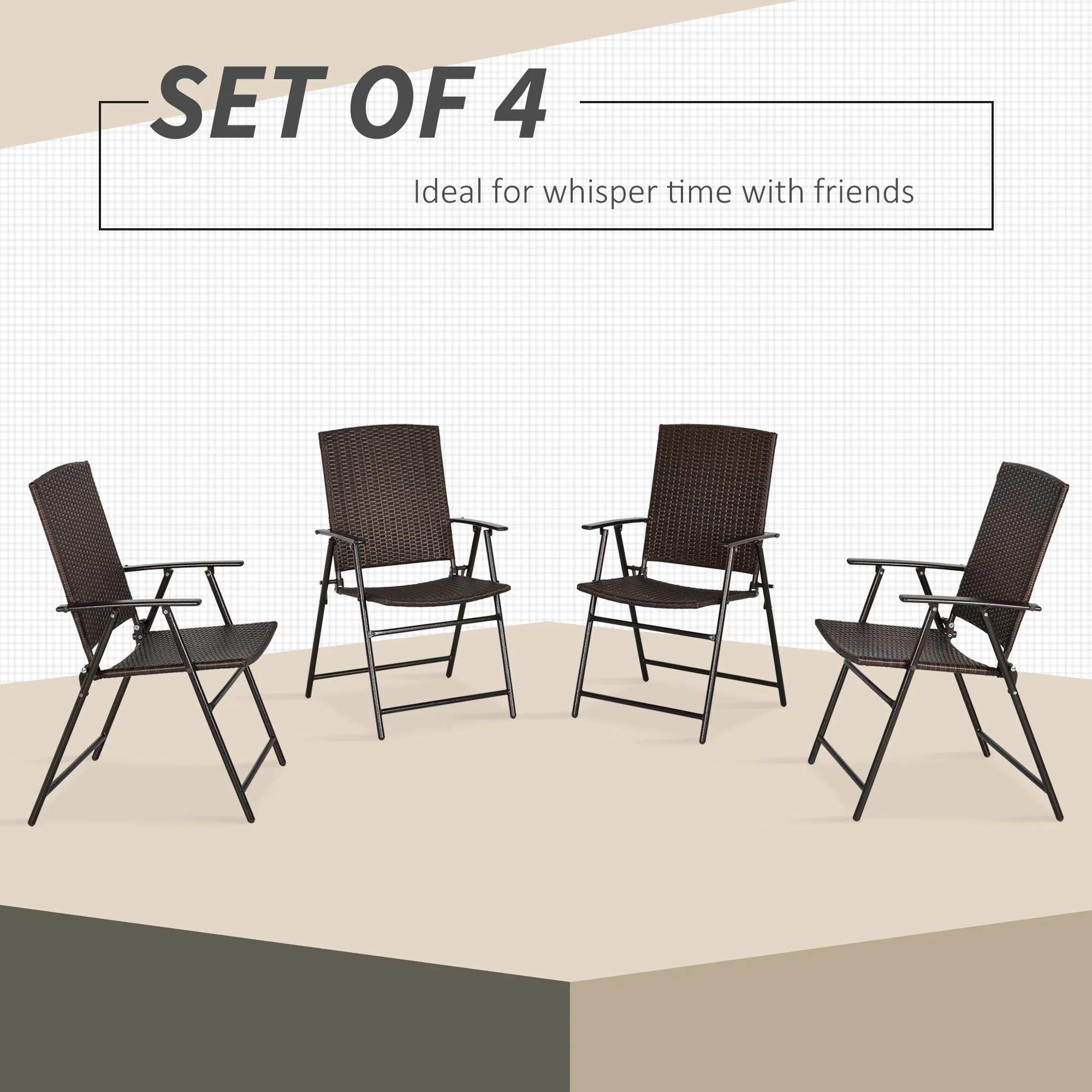 Set of 4 Folding Rattan Dining Chairs with Armrests, High Back and Steel Frame, Brown - Image 6