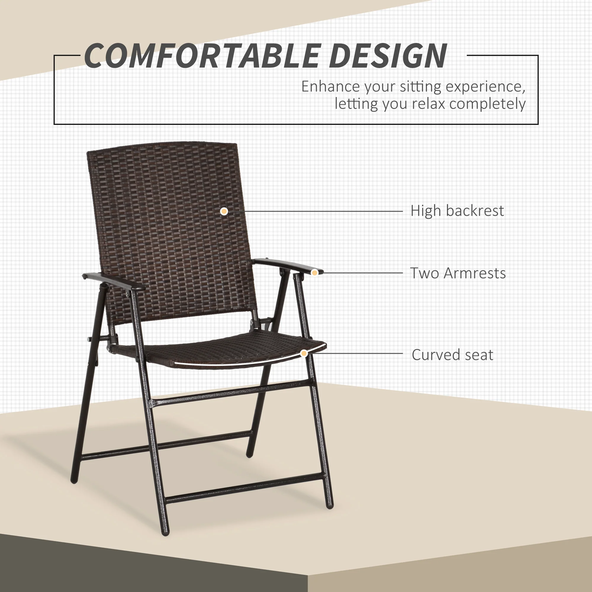 Set of 4 Folding Rattan Dining Chairs with Armrests, High Back and Steel Frame, Brown - Image 7
