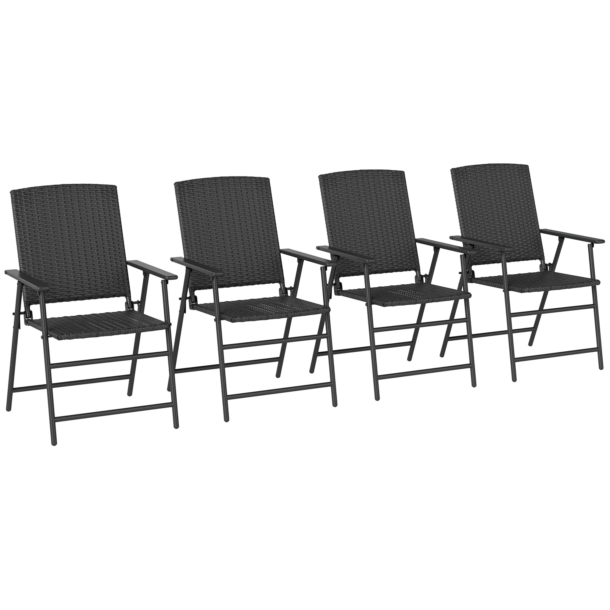 Set of 4 Folding Rattan Dining Chairs with Armrests, High Back and Steel Frame, Black