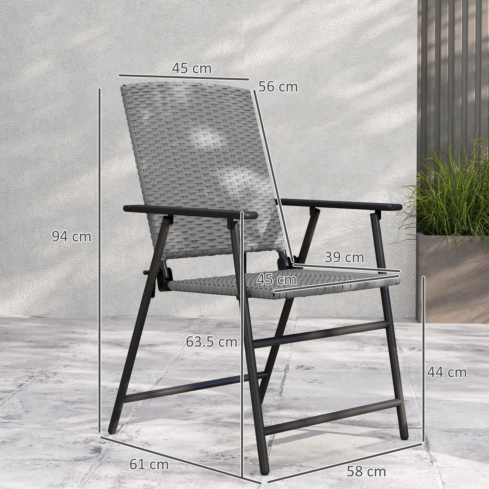 Set of 4 Folding Rattan Dining Chairs with Armrests, High Back and Steel Frame, Grey - Image 5