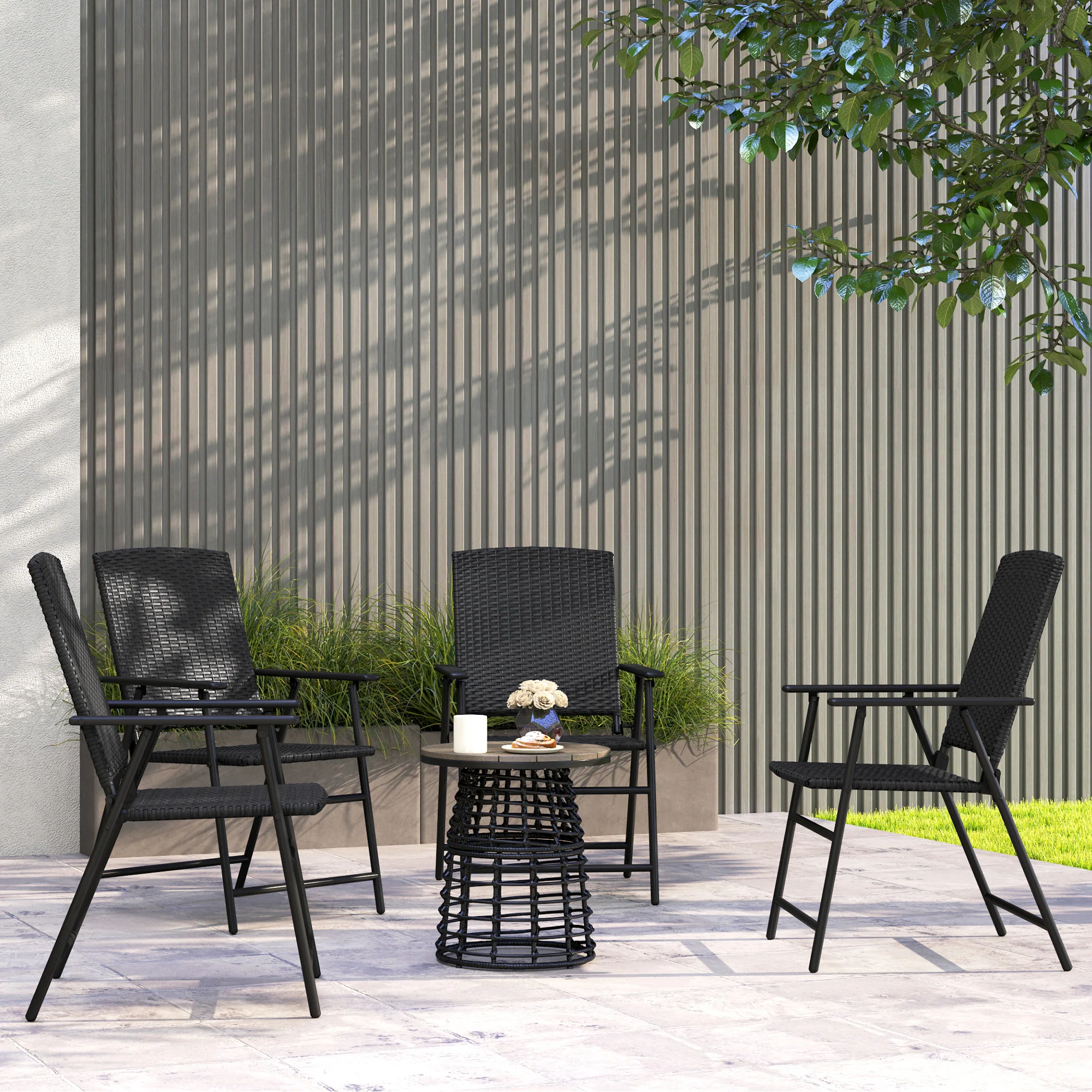Set of 4 Folding Rattan Dining Chairs with Armrests, High Back and Steel Frame, Black - Image 3