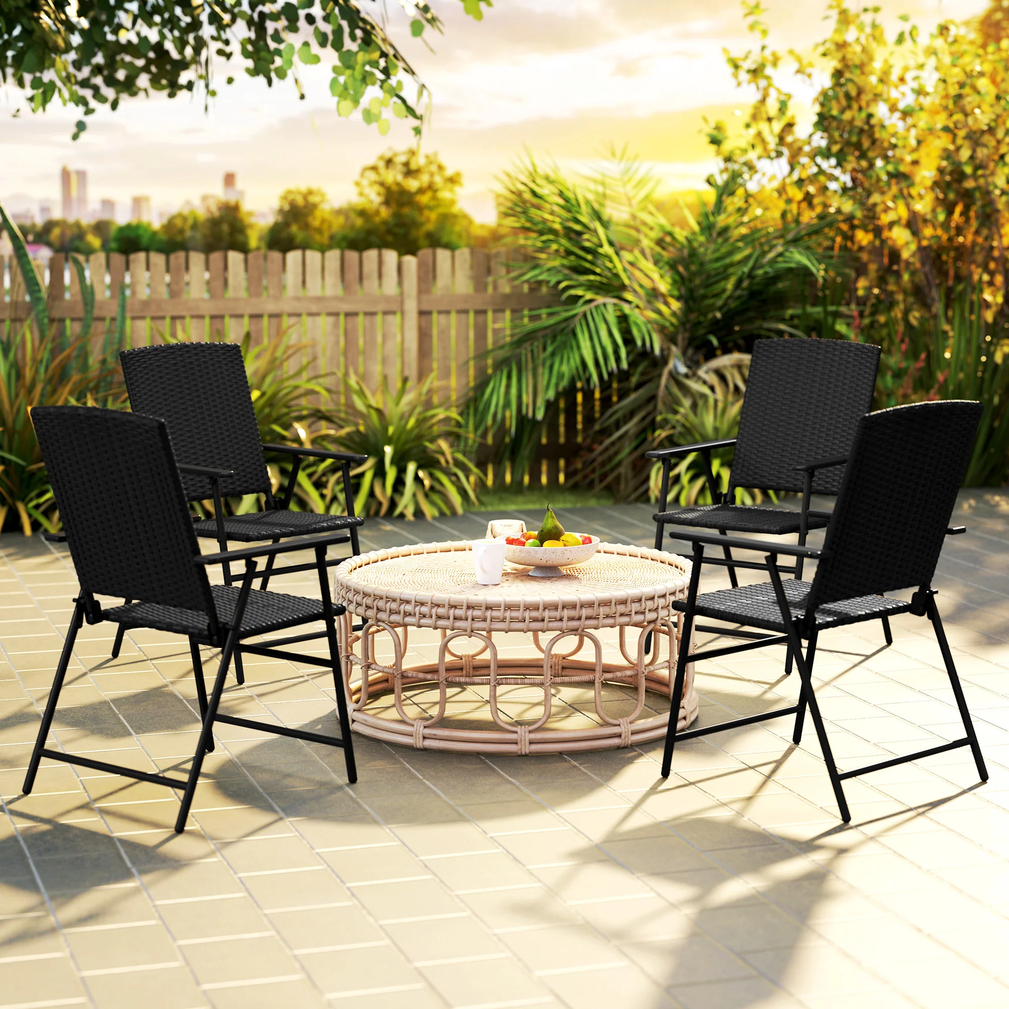 Set of 4 Folding Rattan Dining Chairs with Armrests, High Back and Steel Frame, Black - Image 4