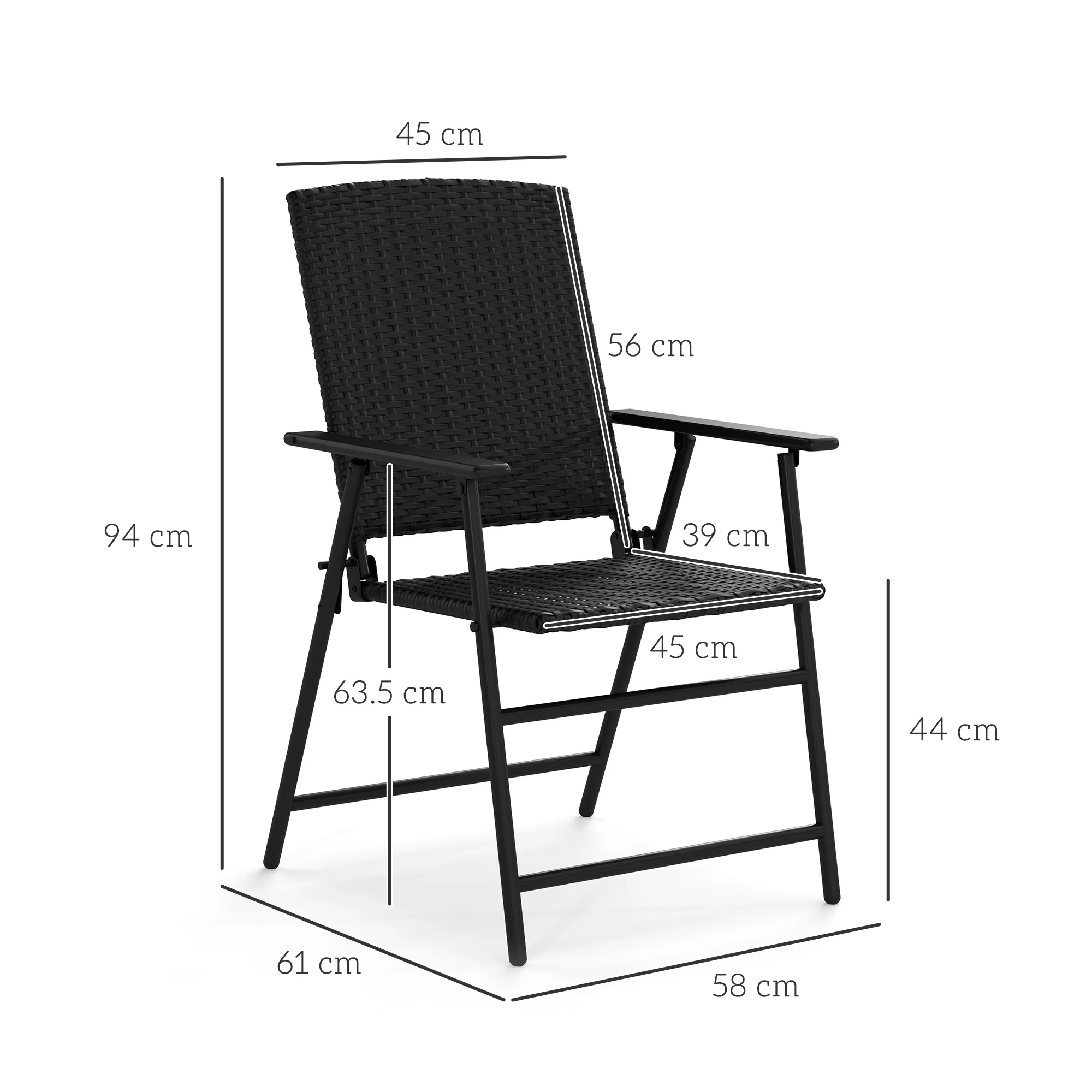 Set of 4 Folding Rattan Dining Chairs with Armrests, High Back and Steel Frame, Black - Image 5