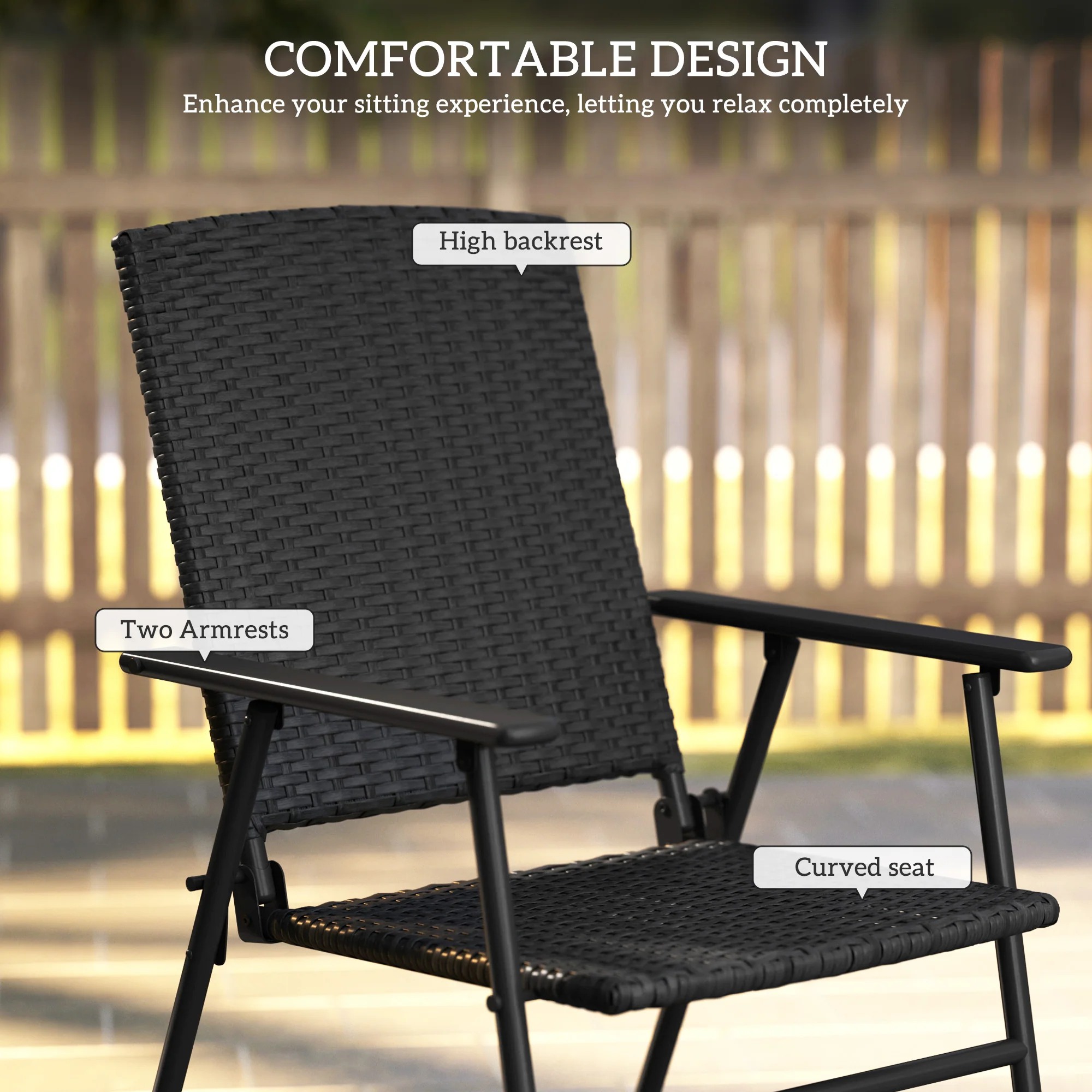 Set of 4 Folding Rattan Dining Chairs with Armrests, High Back and Steel Frame, Black - Image 7