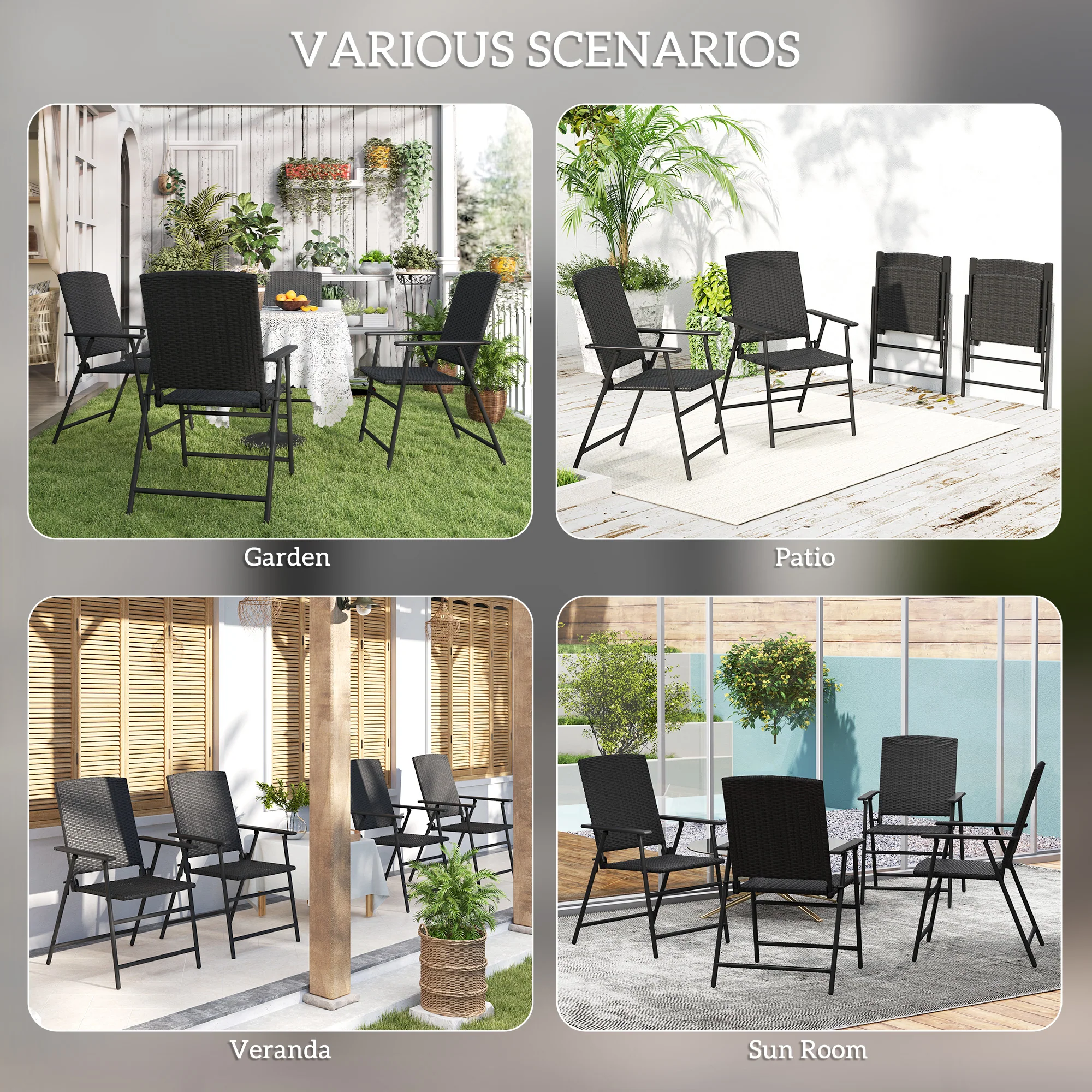 Set of 4 Folding Rattan Dining Chairs with Armrests, High Back and Steel Frame, Black - Image 9