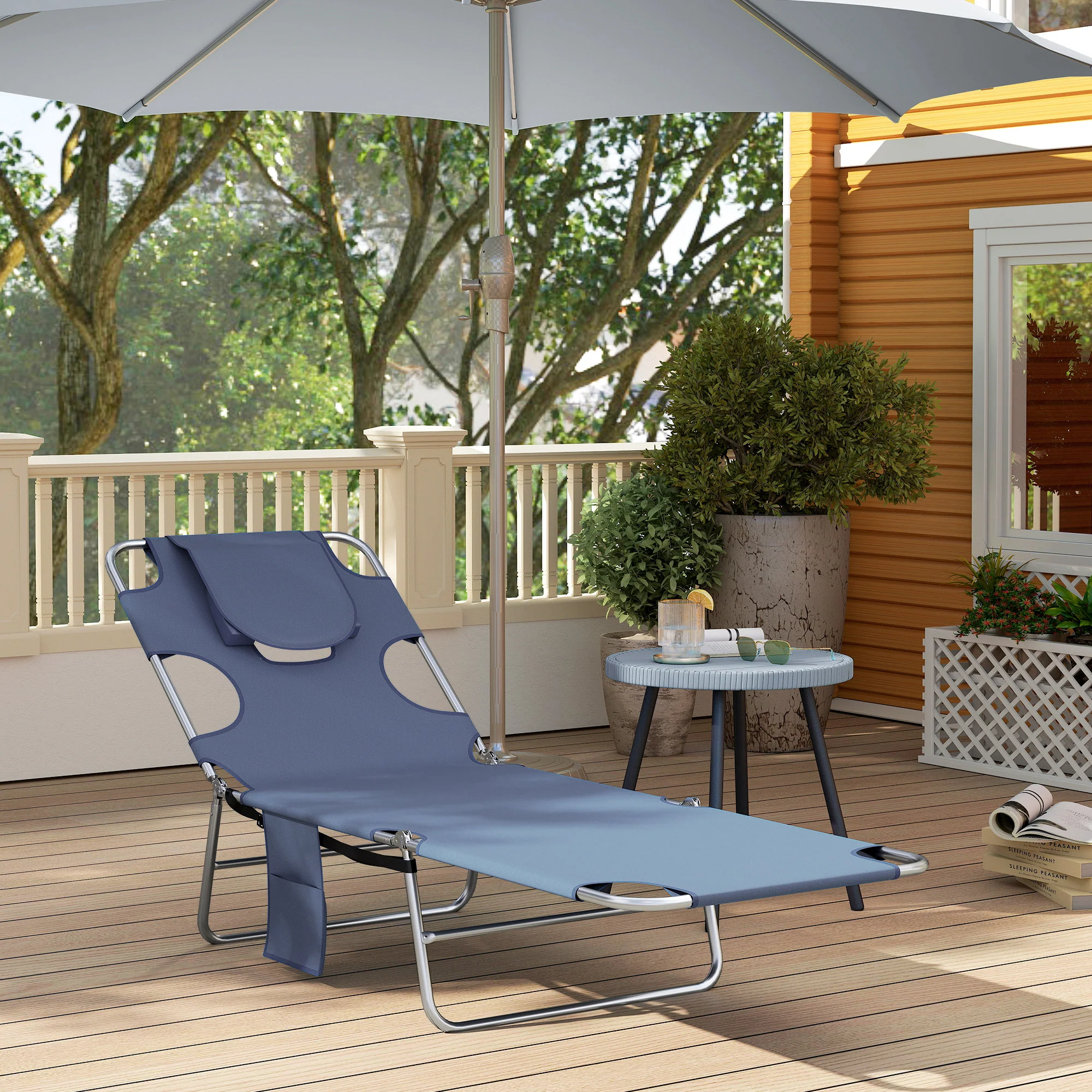 Folding Lounge Chair with Face Hole, Side Pocket and Strap, Grey - Image 10