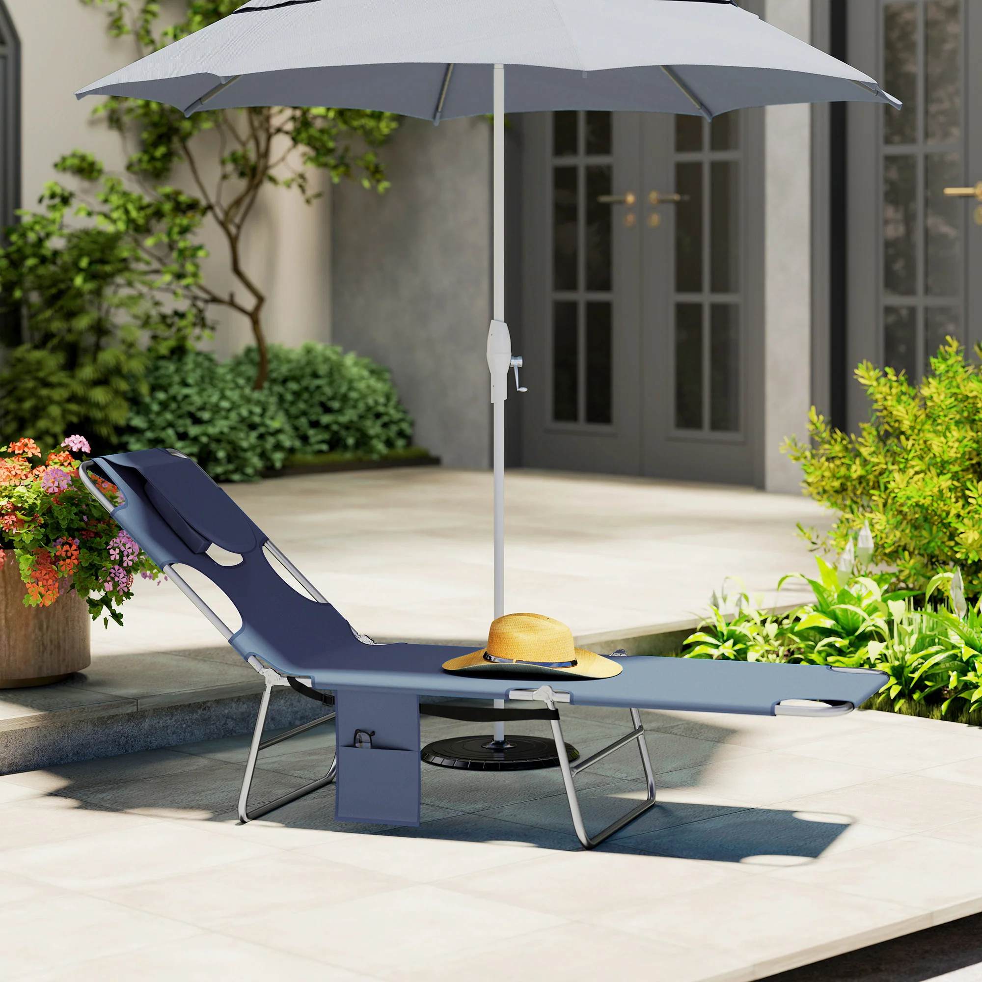 Folding Lounge Chair with Face Hole, Side Pocket and Strap, Grey - Image 11