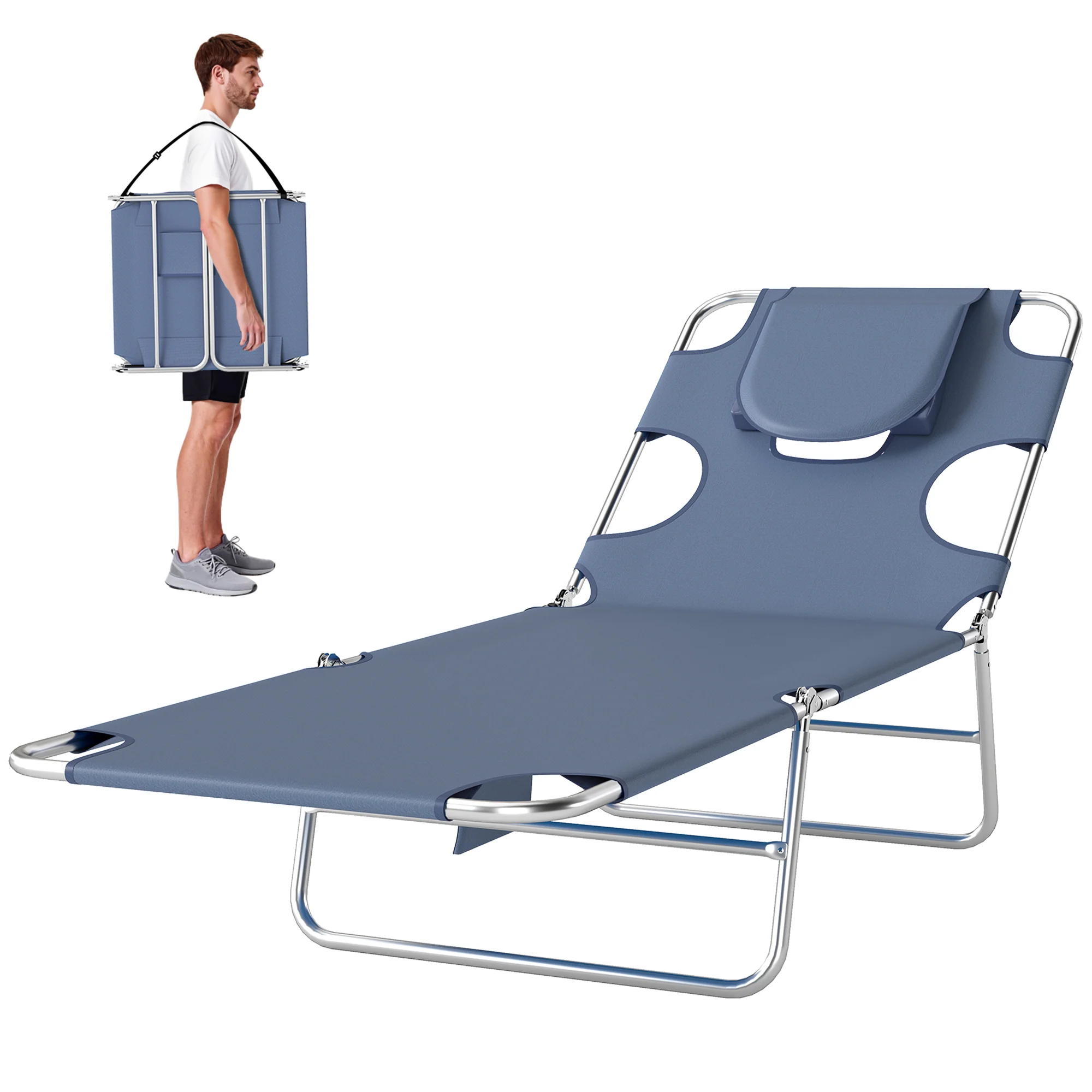 Folding Lounge Chair with Face Hole, Side Pocket and Strap, Grey - Image 2