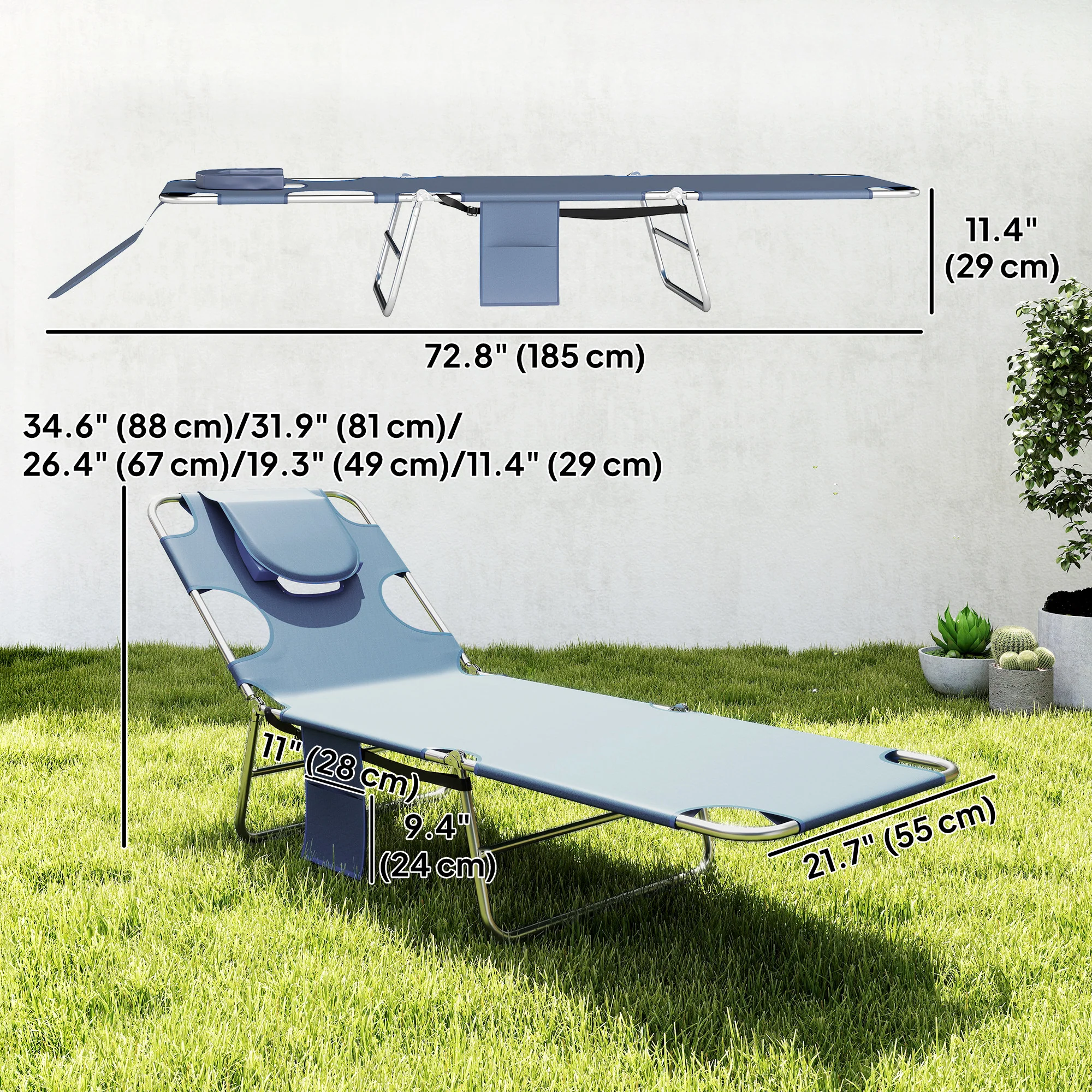 Folding Lounge Chair with Face Hole, Side Pocket and Strap, Grey - Image 5