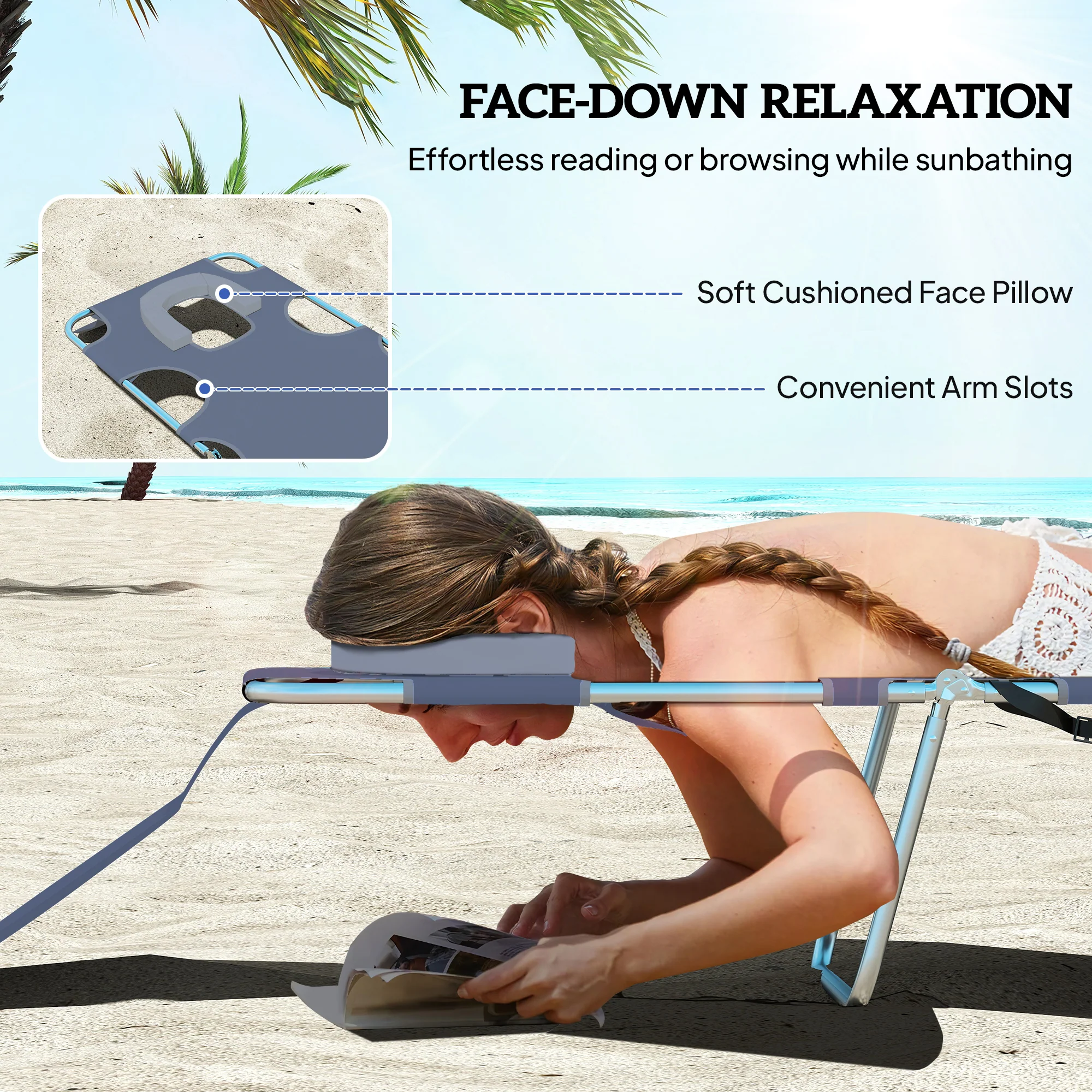 Folding Lounge Chair with Face Hole, Side Pocket and Strap, Grey - Image 7