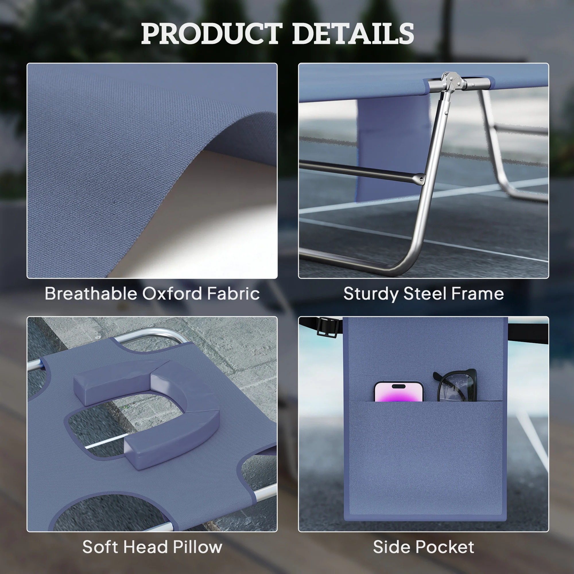 Folding Lounge Chair with Face Hole, Side Pocket and Strap, Grey - Image 8