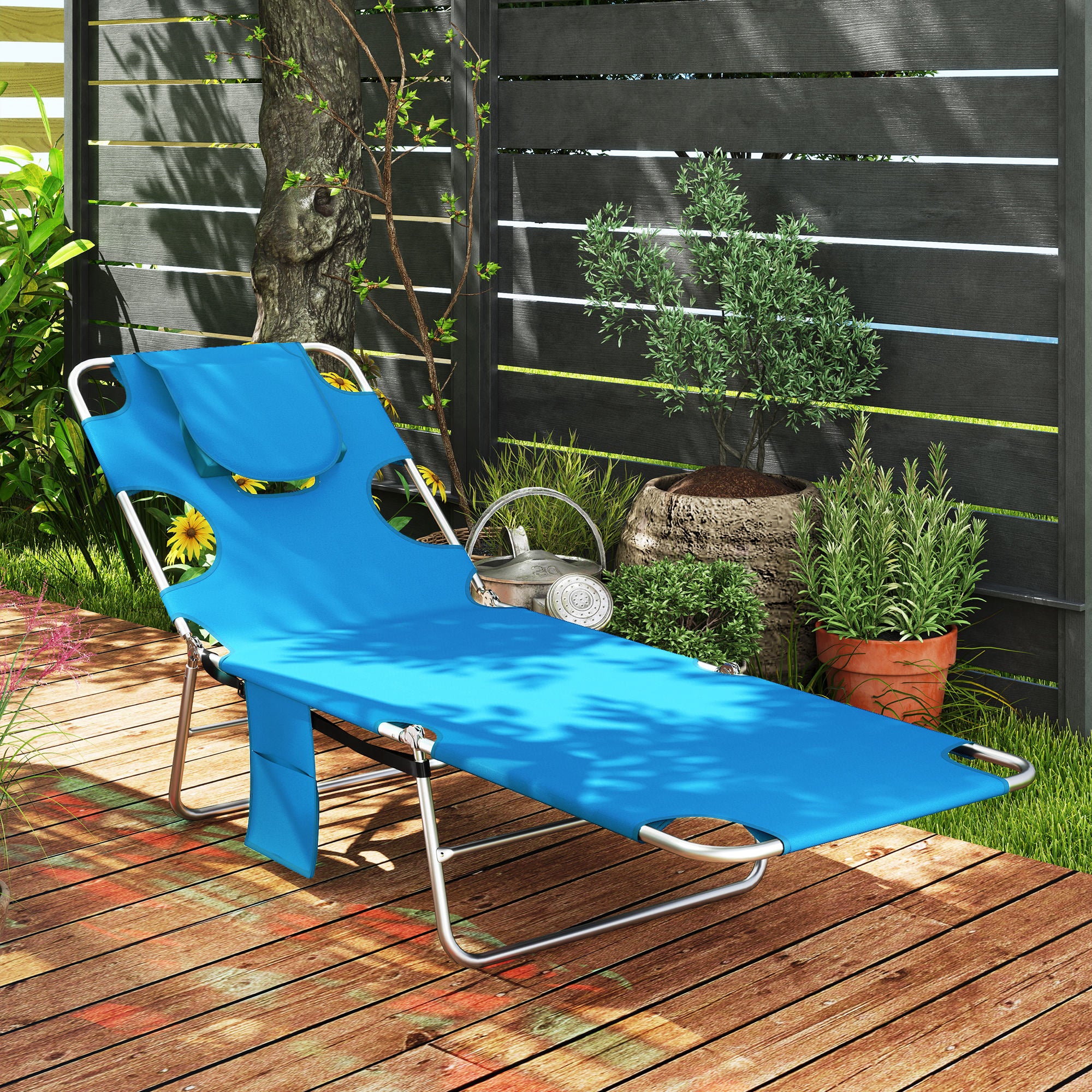 Folding Lounge Chair with Face Hole, Side Pocket and Strap, Blue - Image 3