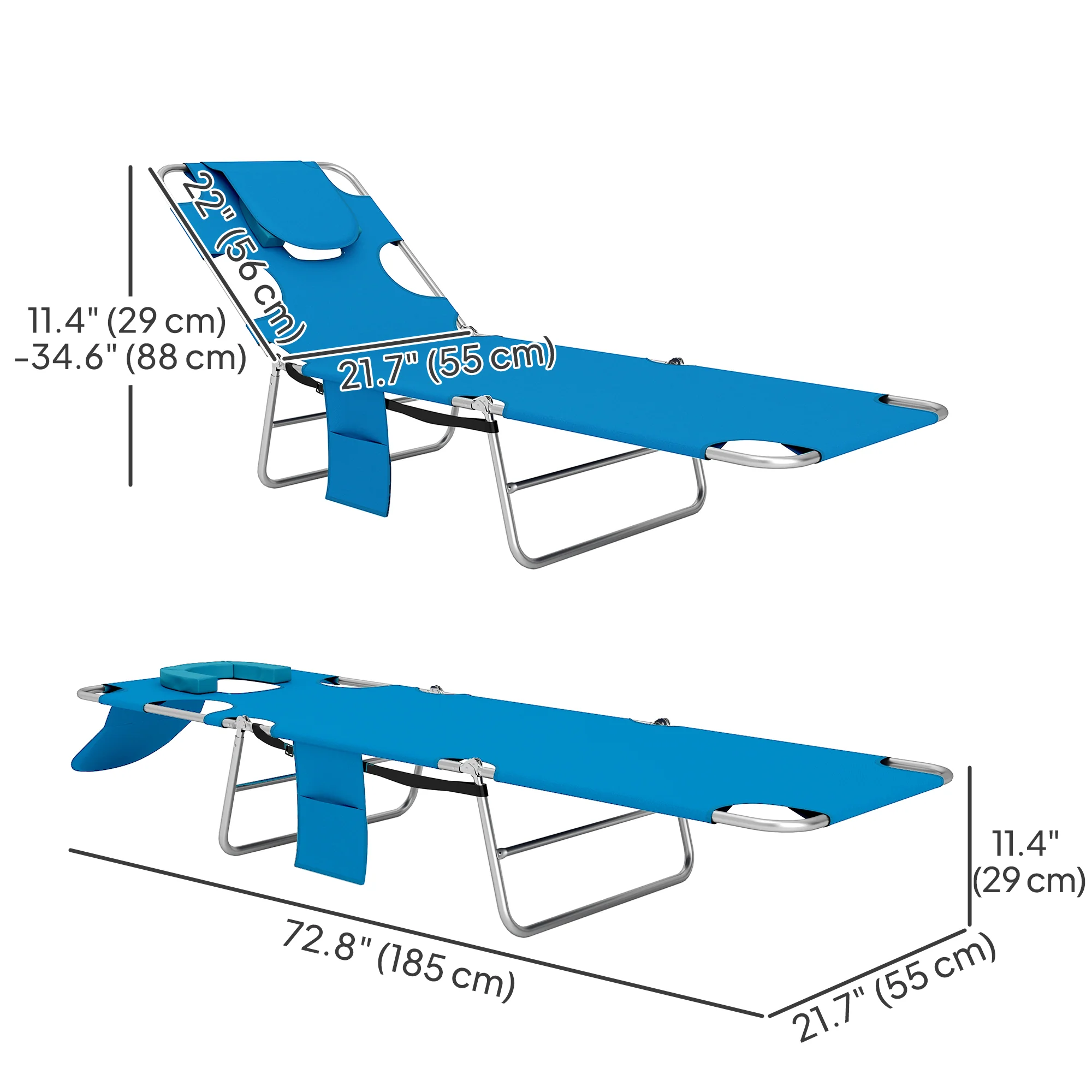 Folding Lounge Chair with Face Hole, Side Pocket and Strap, Blue - Image 5