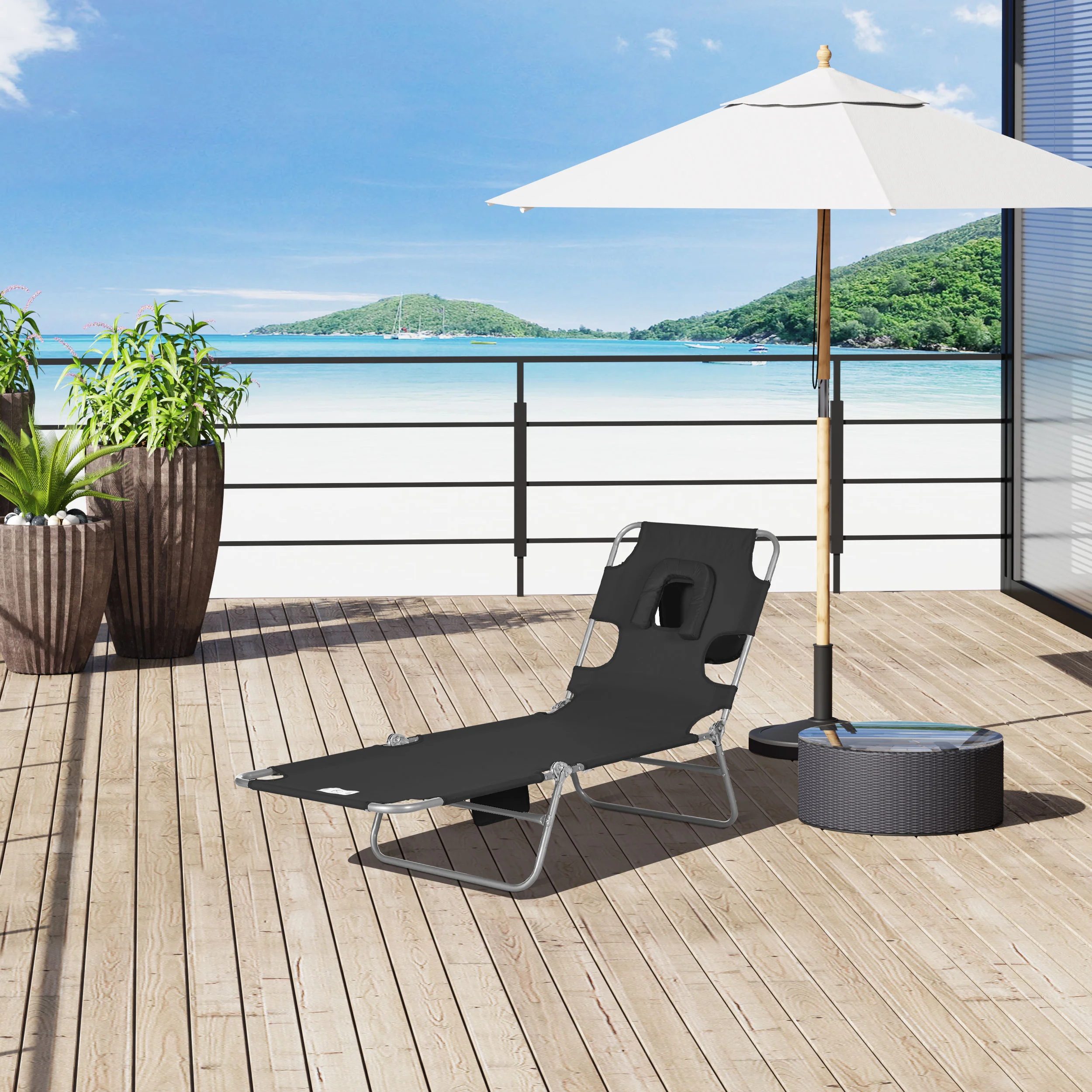 Folding Lounge Chair with Face Hole, Side Pocket and Strap, Black - Image 3