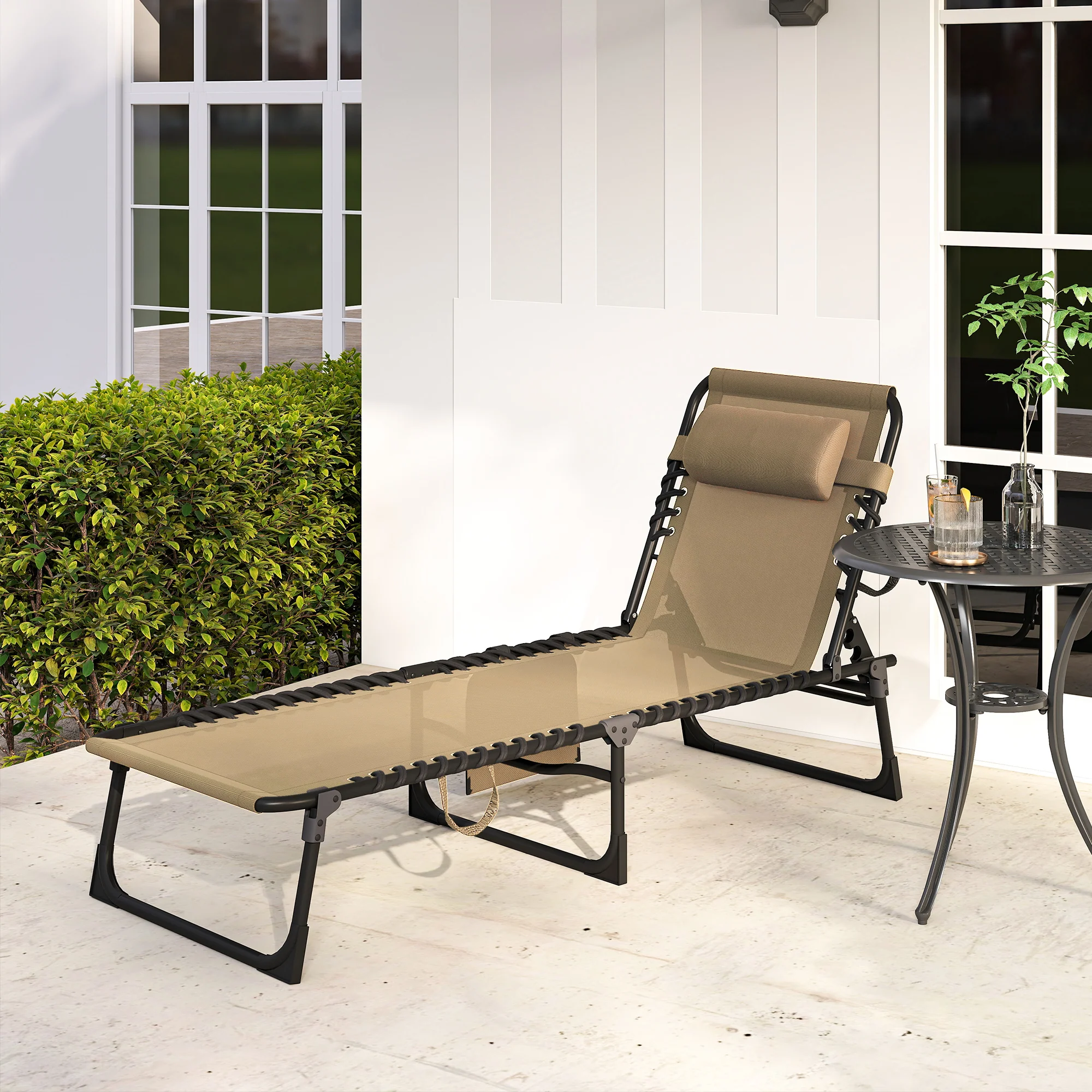 Folding Lounge Chair with Adjustable Backrest and Pillow, Beige - Image 11