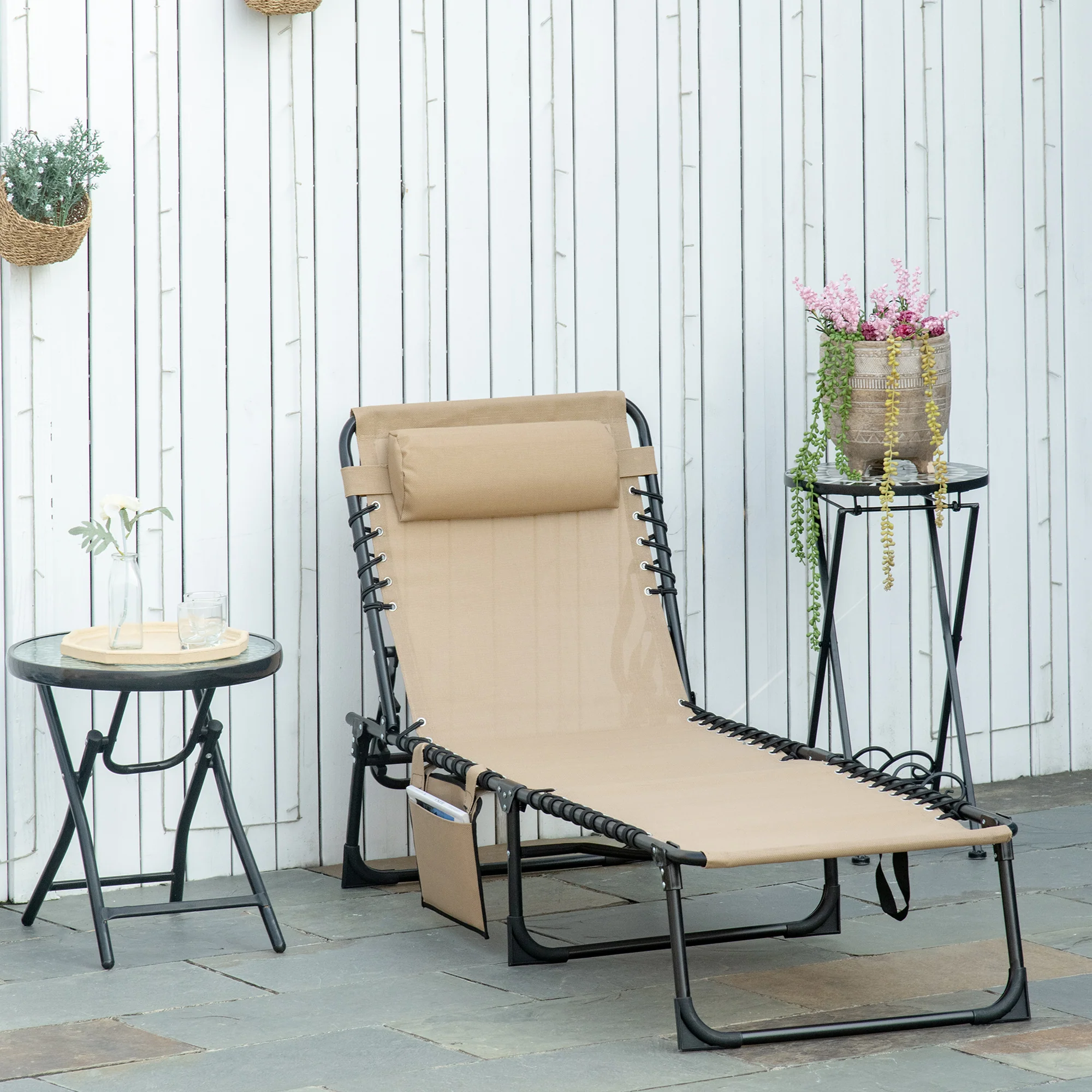 Folding Lounge Chair with Adjustable Backrest and Pillow, Beige - Image 3
