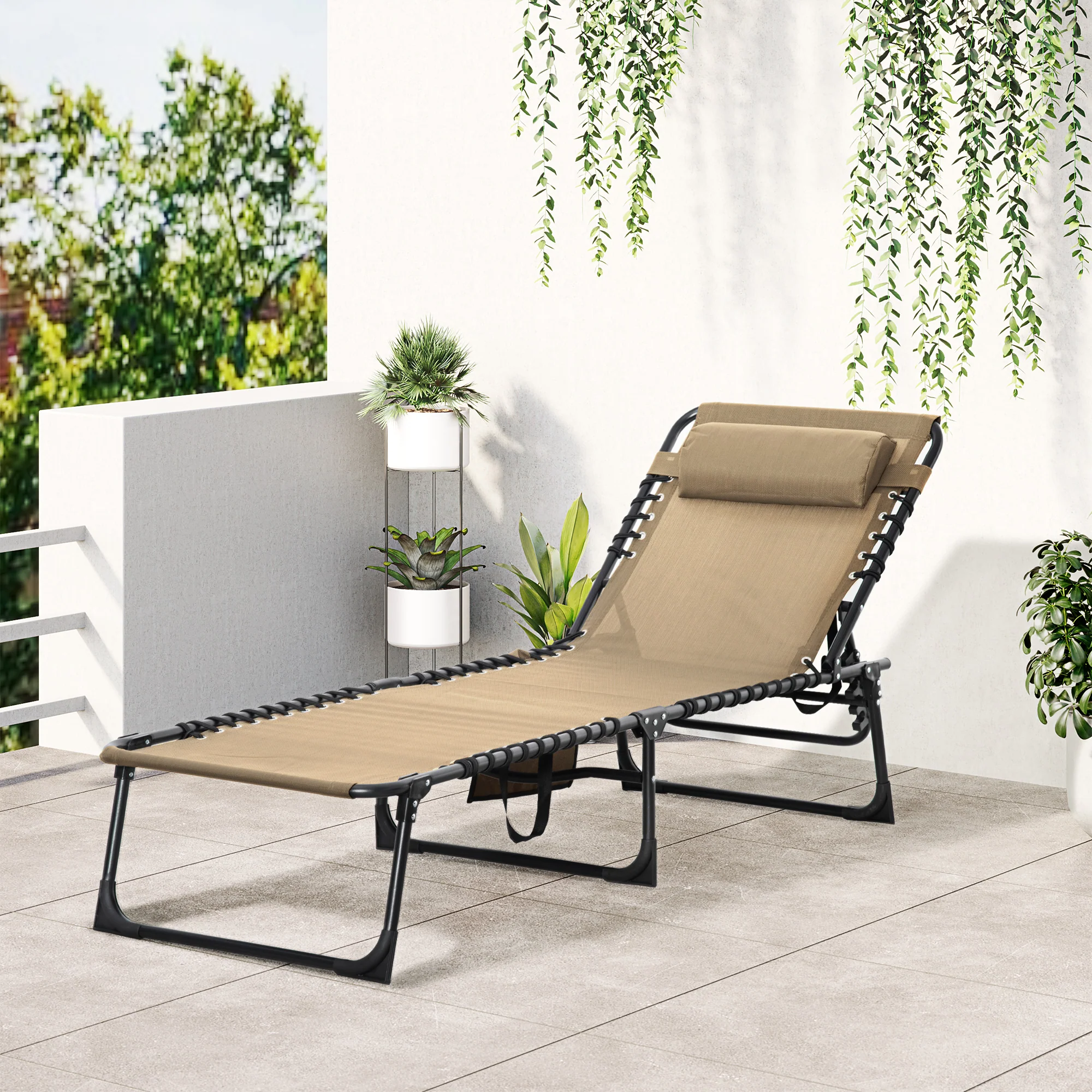 Folding Lounge Chair with Adjustable Backrest and Pillow, Beige - Image 4