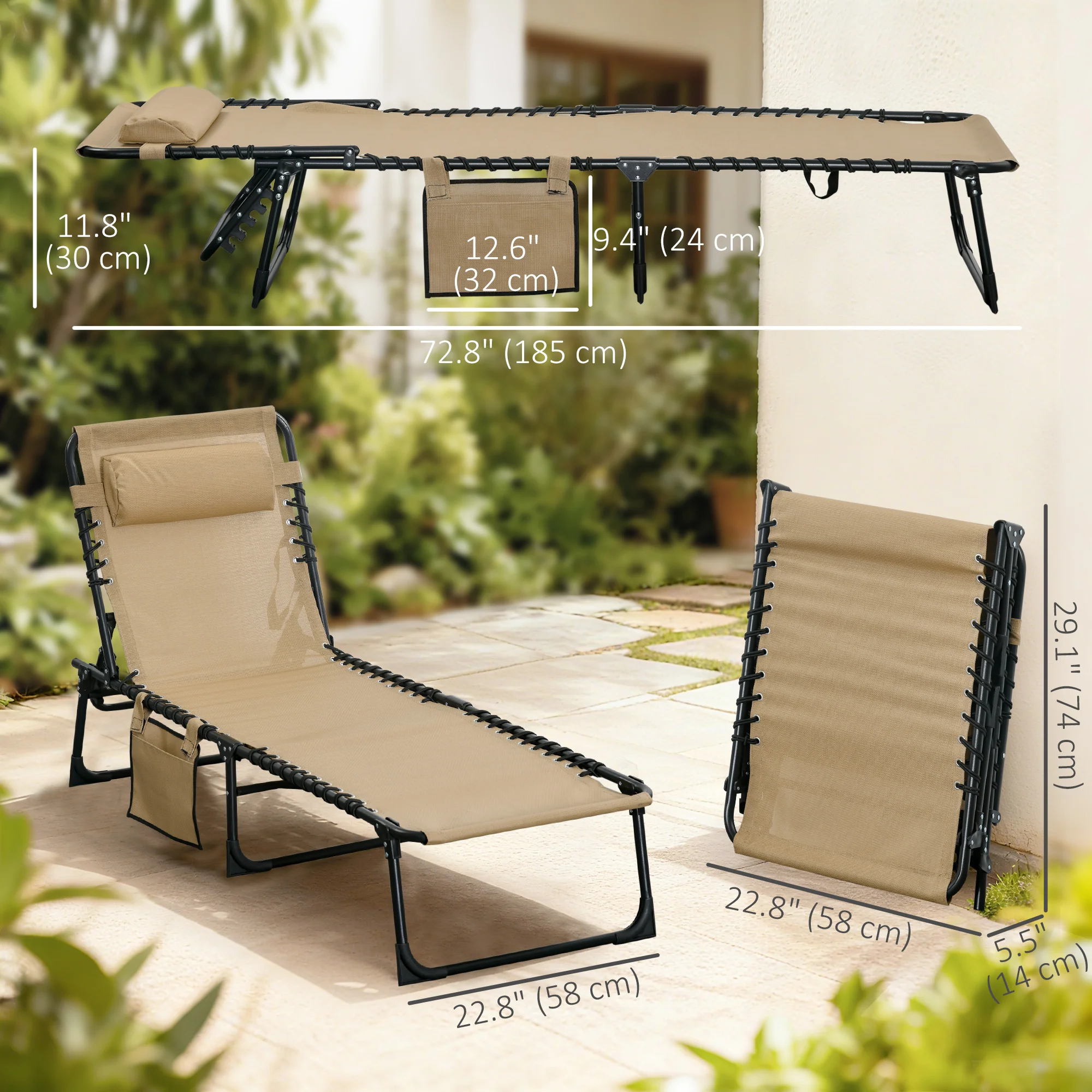 Folding Lounge Chair with Adjustable Backrest and Pillow, Beige - Image 5