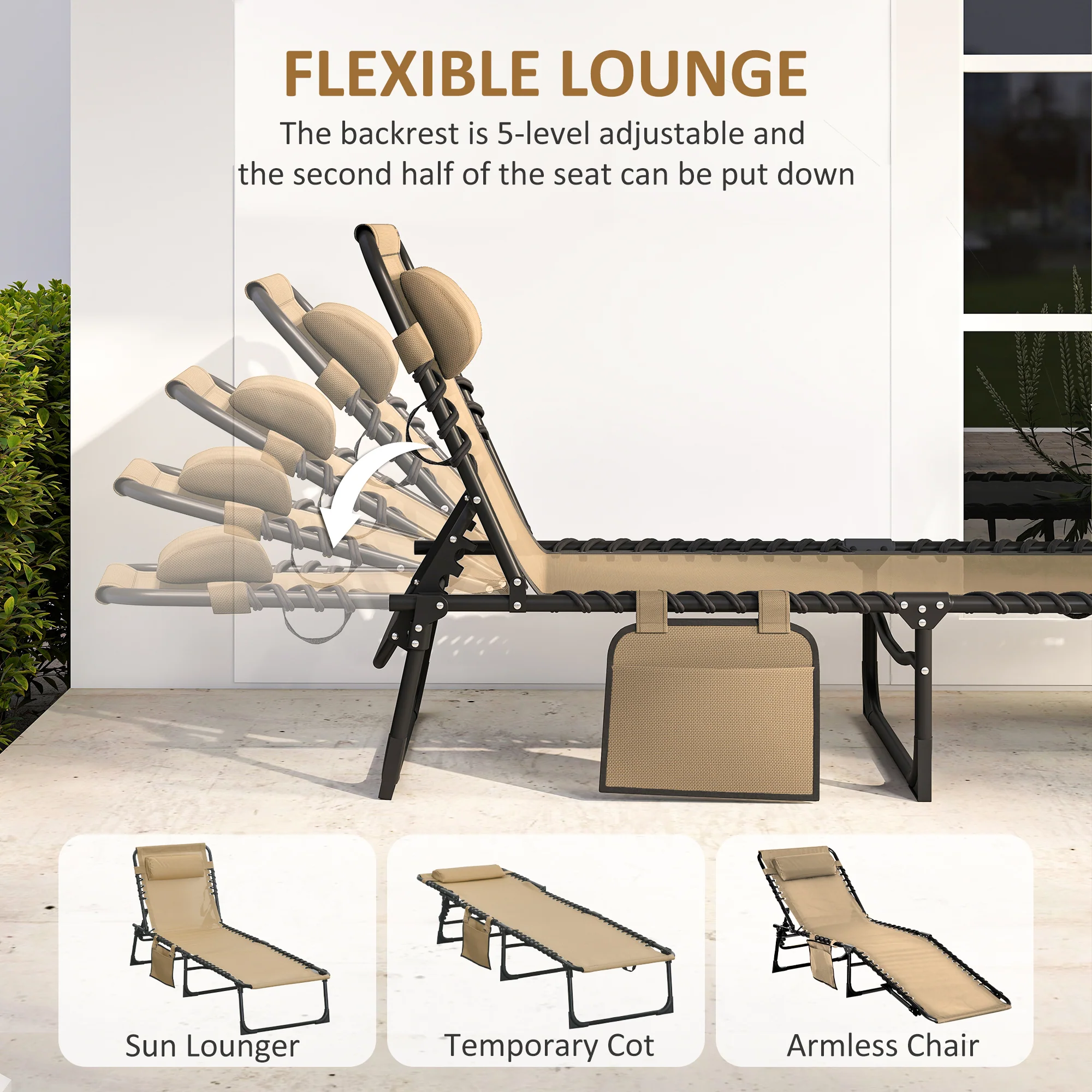 Folding Lounge Chair with Adjustable Backrest and Pillow, Beige - Image 6
