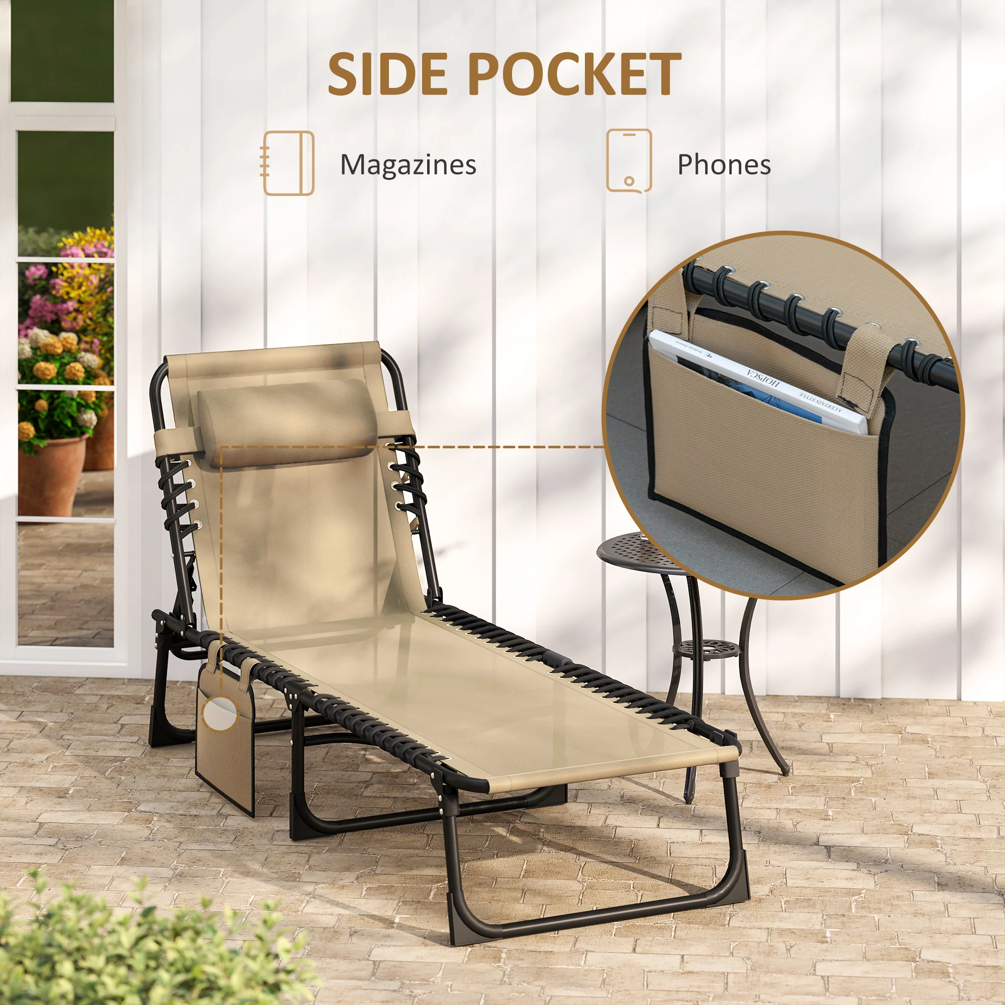 Folding Lounge Chair with Adjustable Backrest and Pillow, Beige - Image 9