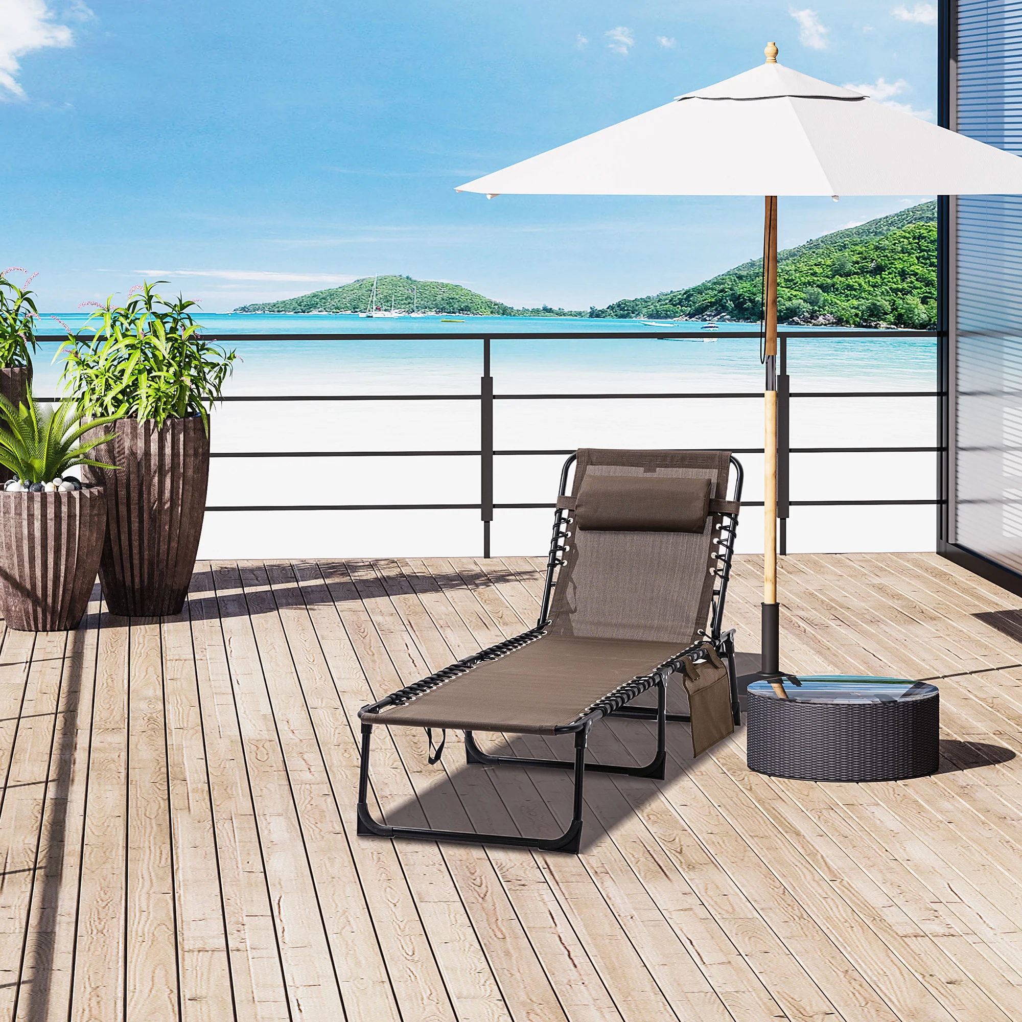 Folding Lounge Chair with Adjustable Backrest and Pillow, Brown - Image 3