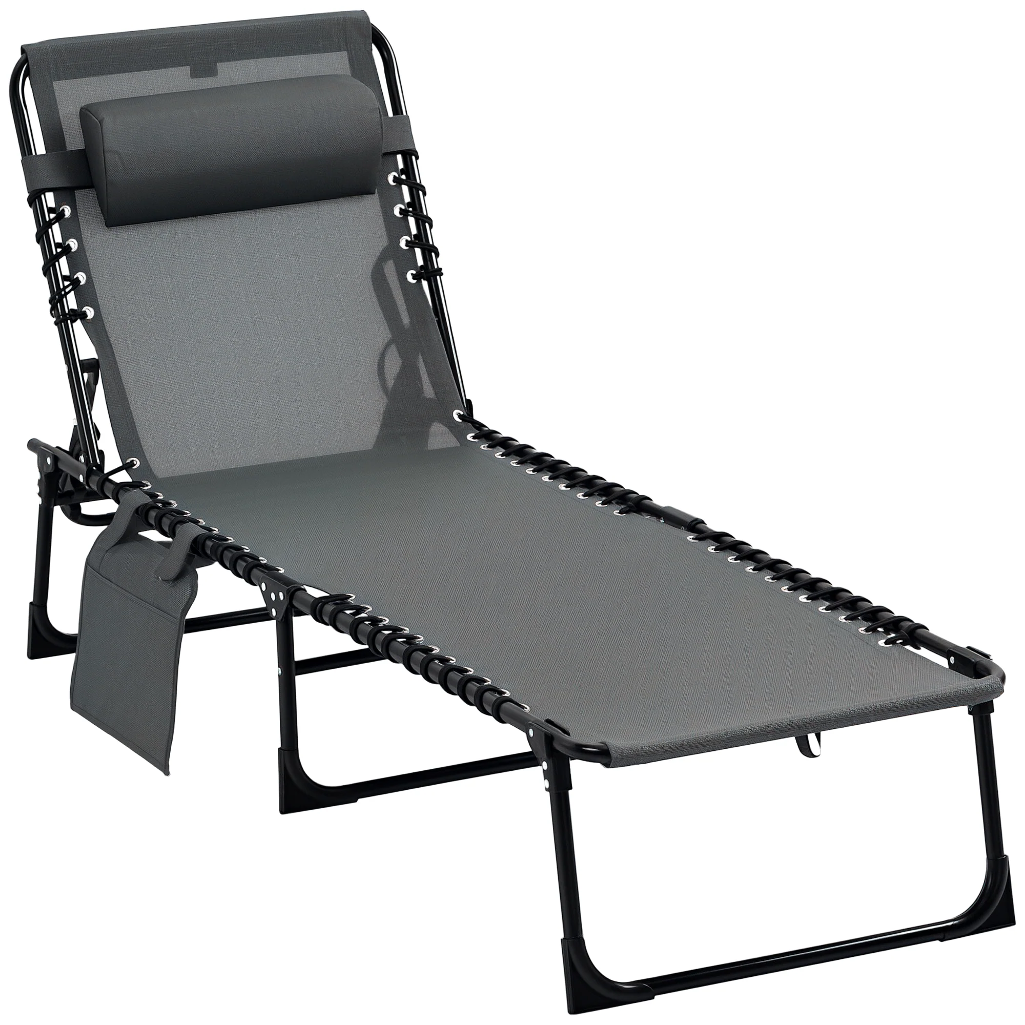Folding Lounge Chair with Adjustable Backrest and Pillow, Grey