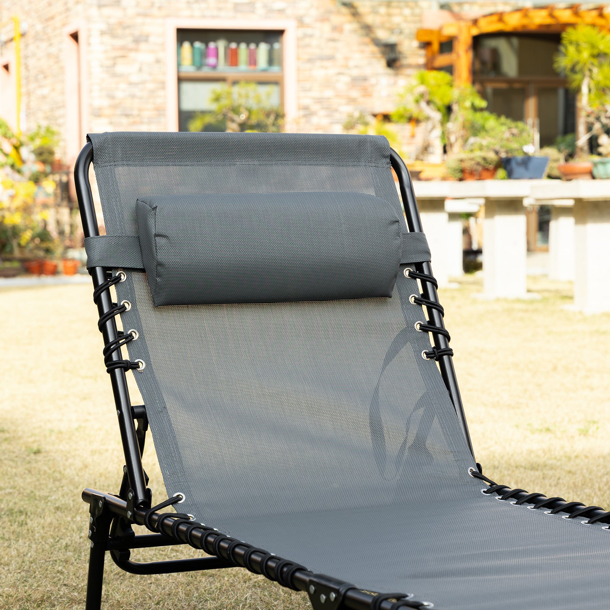 Folding Lounge Chair with Adjustable Backrest and Pillow, Grey - Image 10